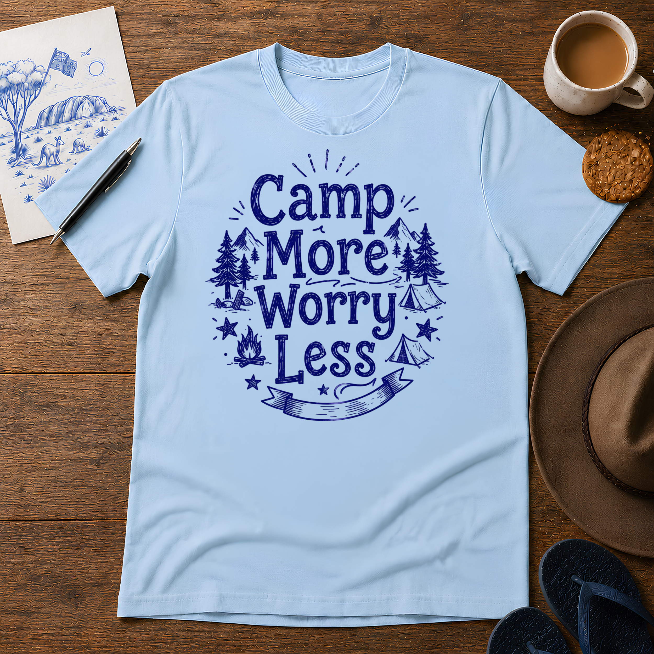 Camp More, Worry Less Tee ink-sketch T-shirt, in Light Blue