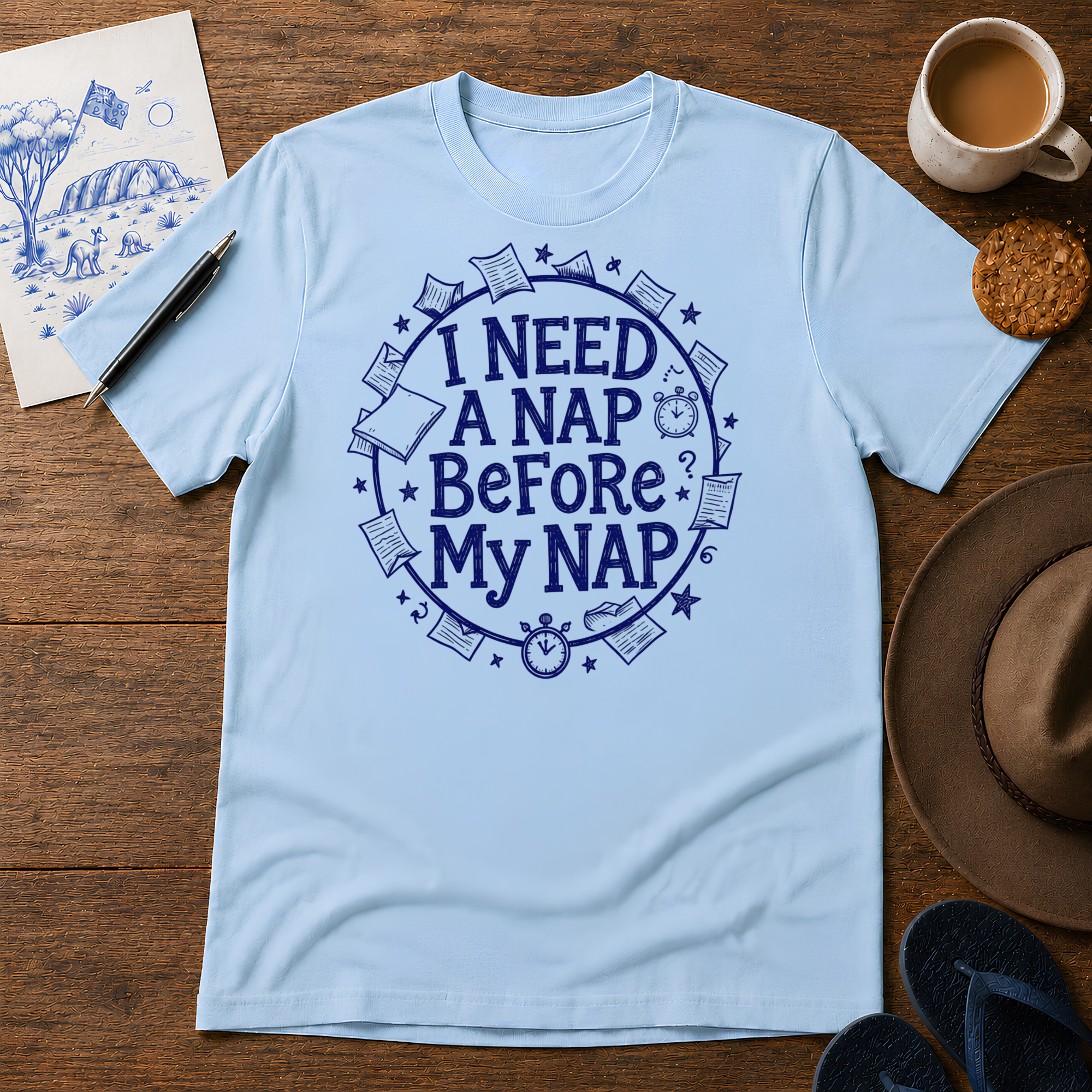 I Need a Nap Before My Nap Tee ink-sketch T-shirt, in Light Blue
