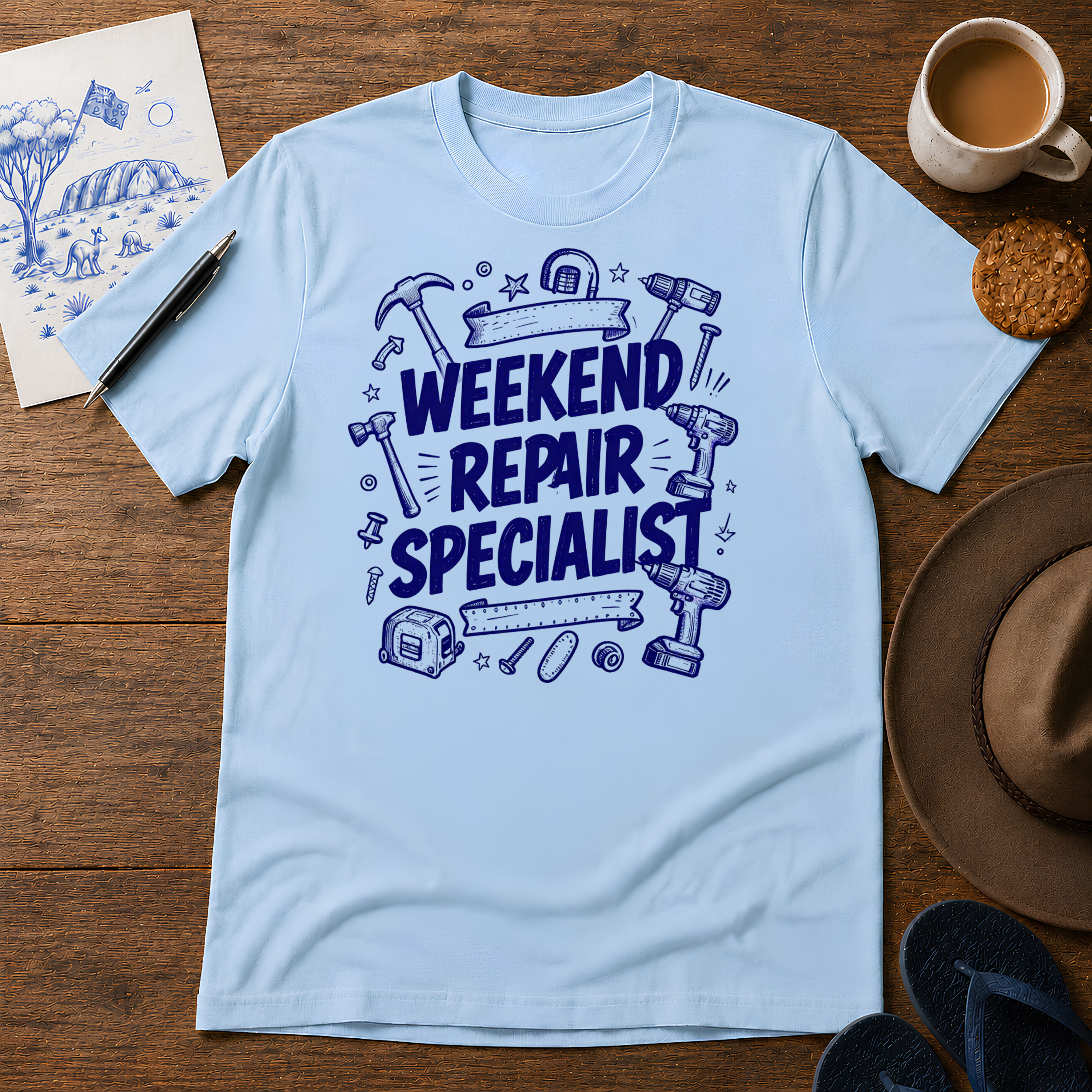 Weekend Repair Specialist Tee ink-sketch T-shirt, in Light Blue