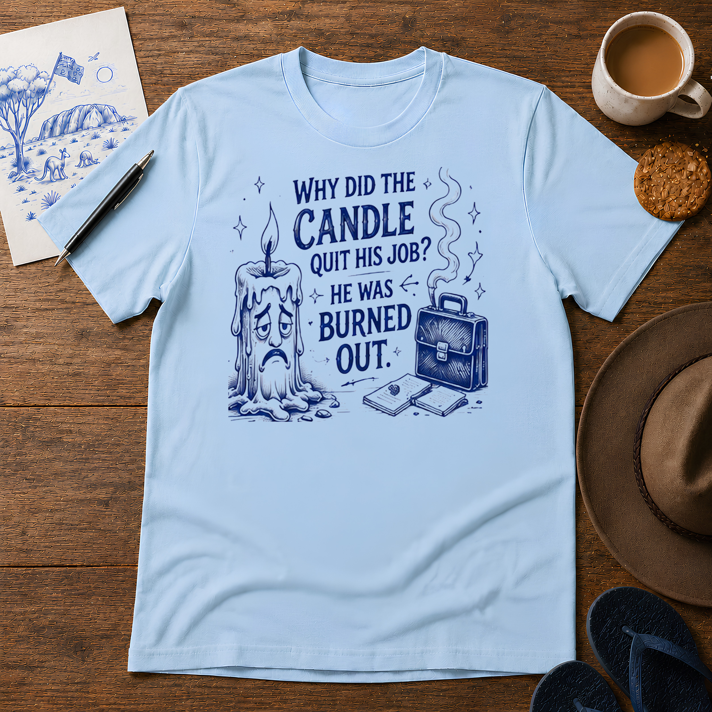 Why Did the Candle Quit His Job Tee ink-sketch T-shirt, in Light Blue