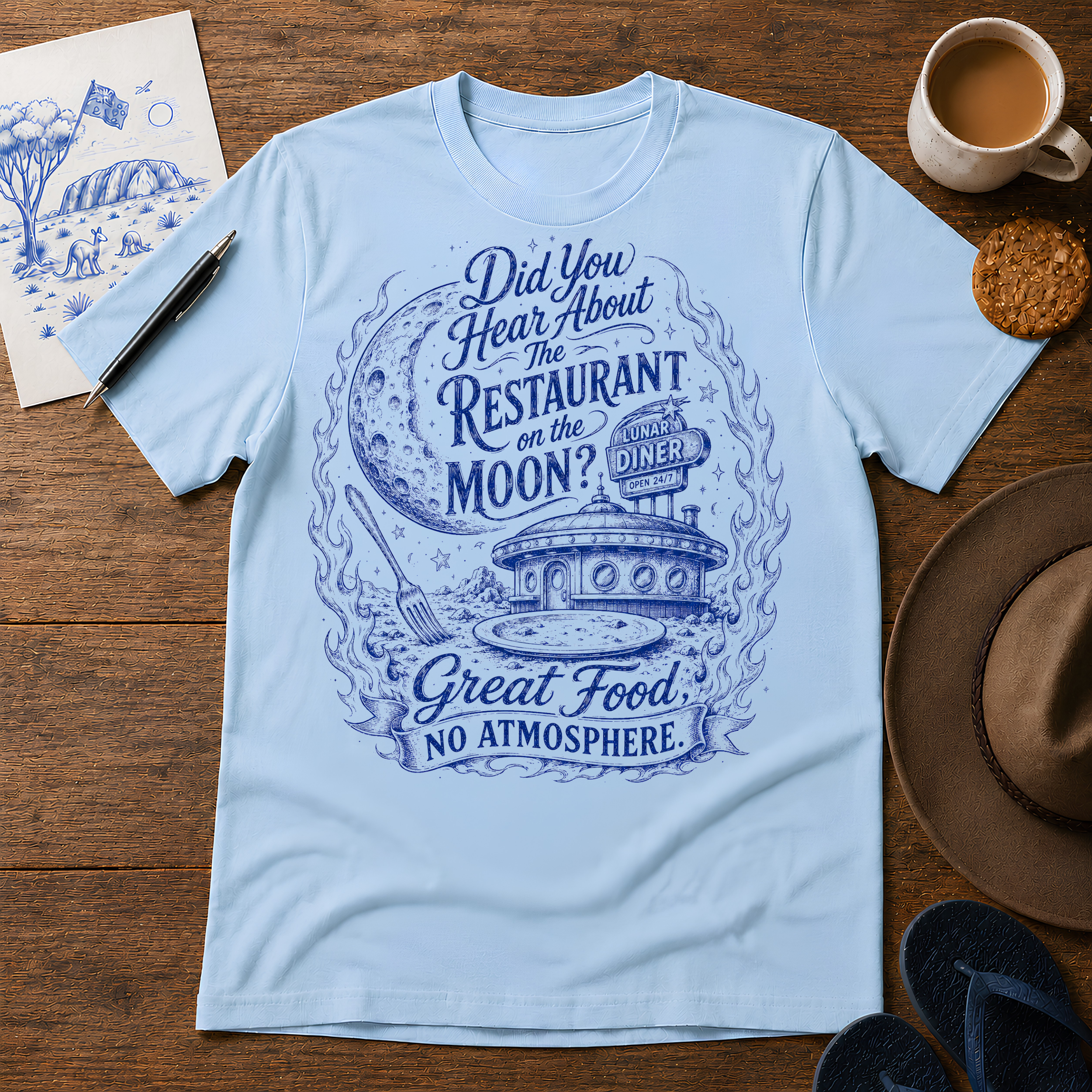 Restaurant on the Moon Tee ink-sketch T-shirt, in Light Blue