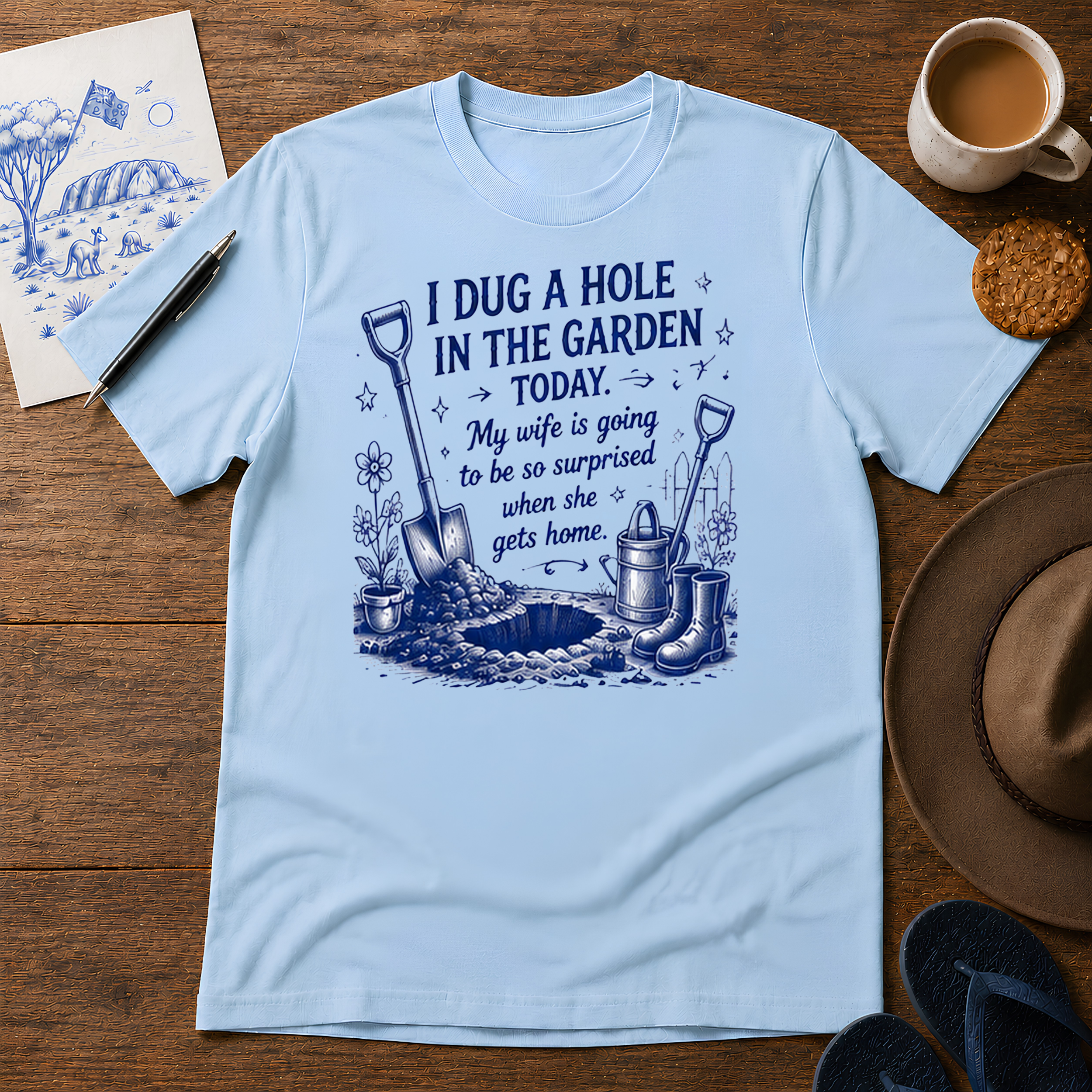 I Dug a Hole Tee ink-sketch T-shirt, in Light Blue