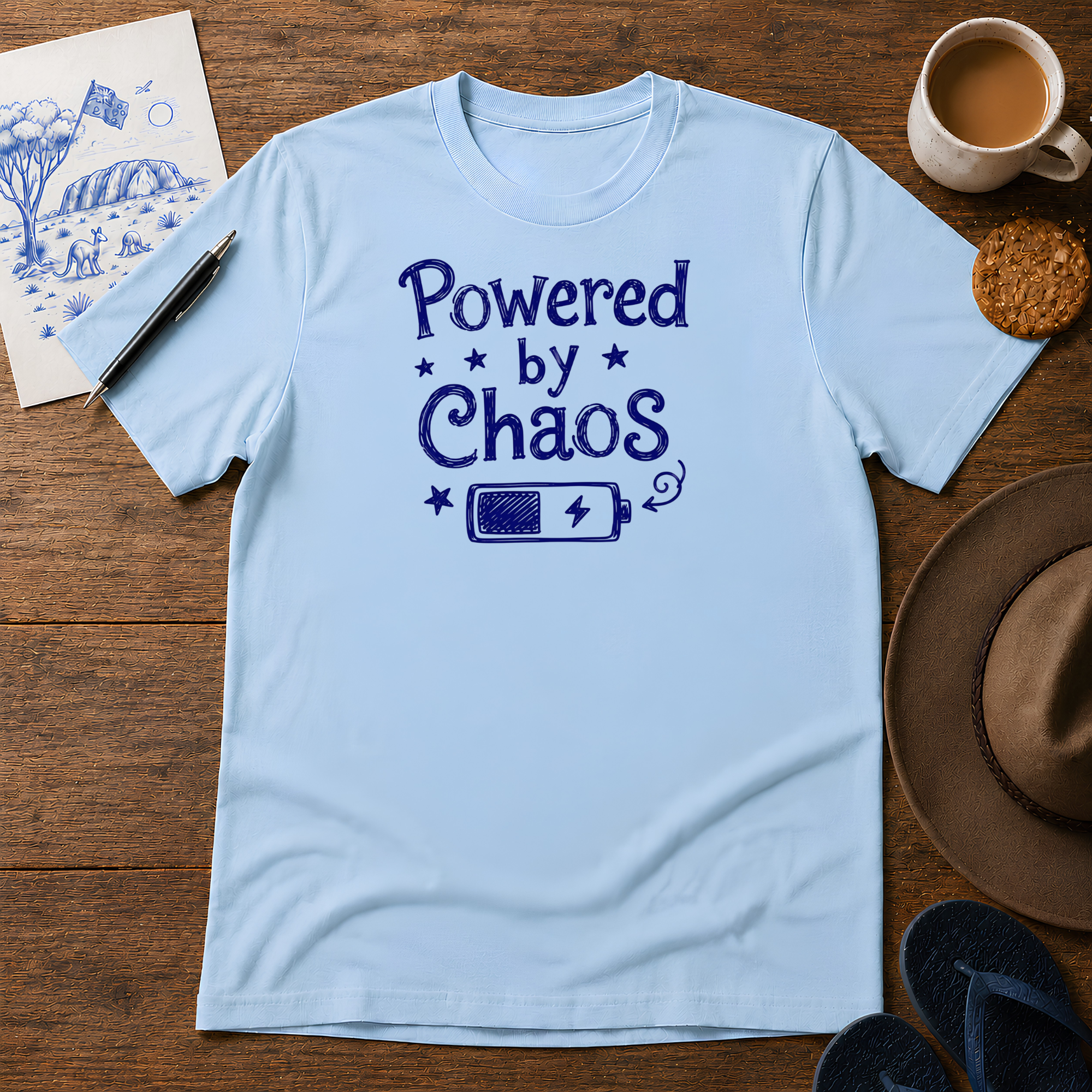 Powered by Chaos Tee ink-sketch T-shirt, in Light Blue
