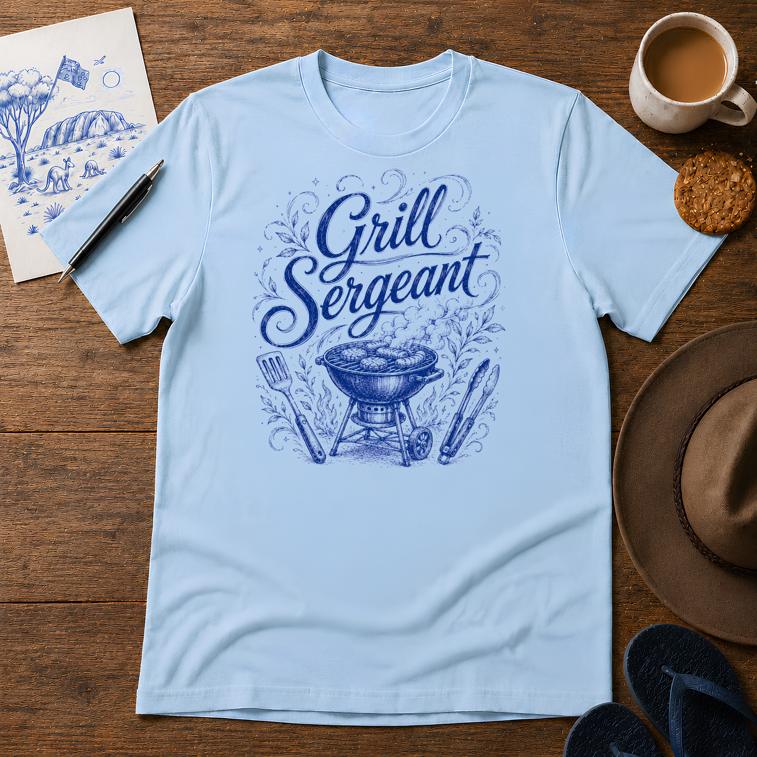Grill Sergeant Tee ink-sketch T-shirt, in Light Blue