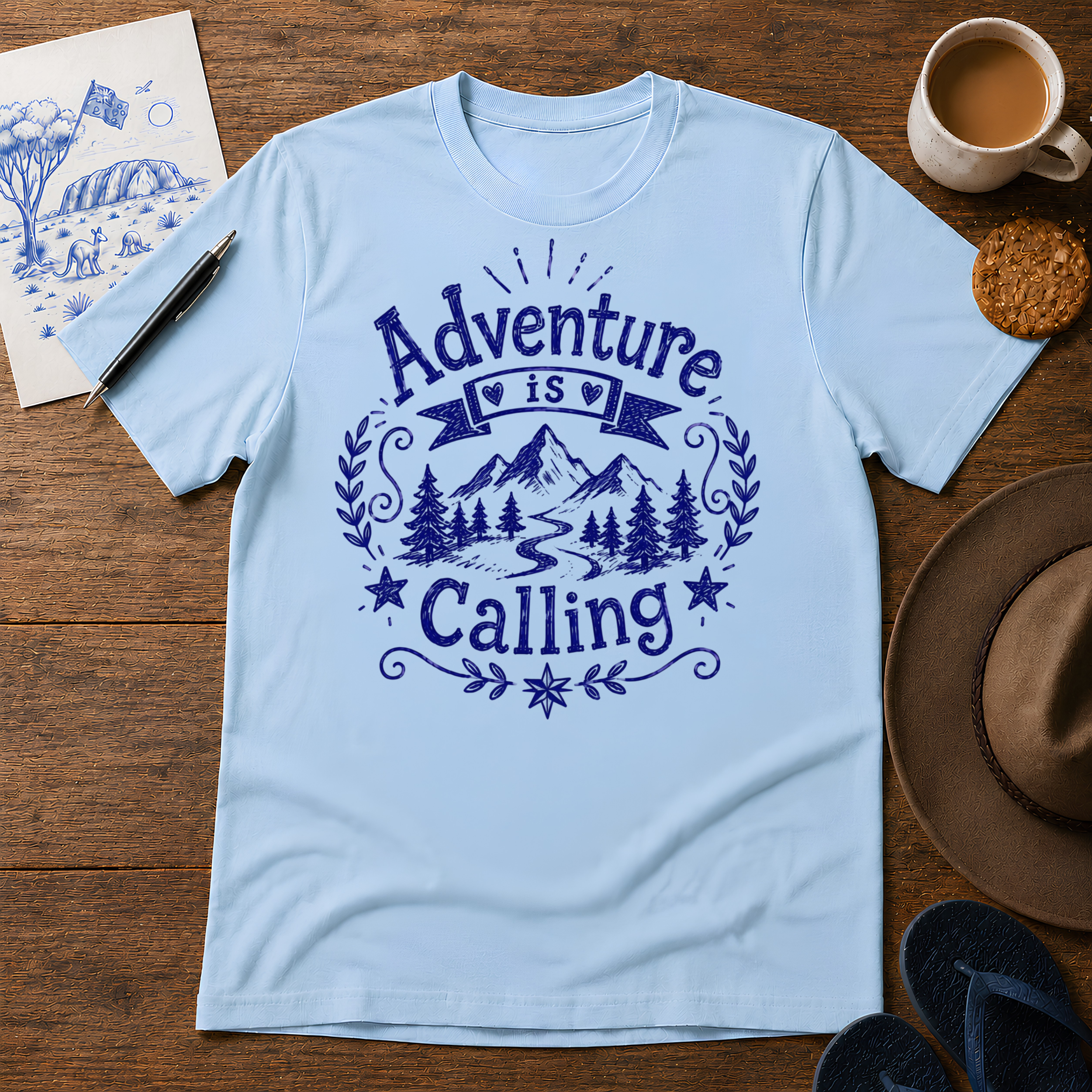 Adventure Is Calling Tee ink-sketch T-shirt, in Light Blue