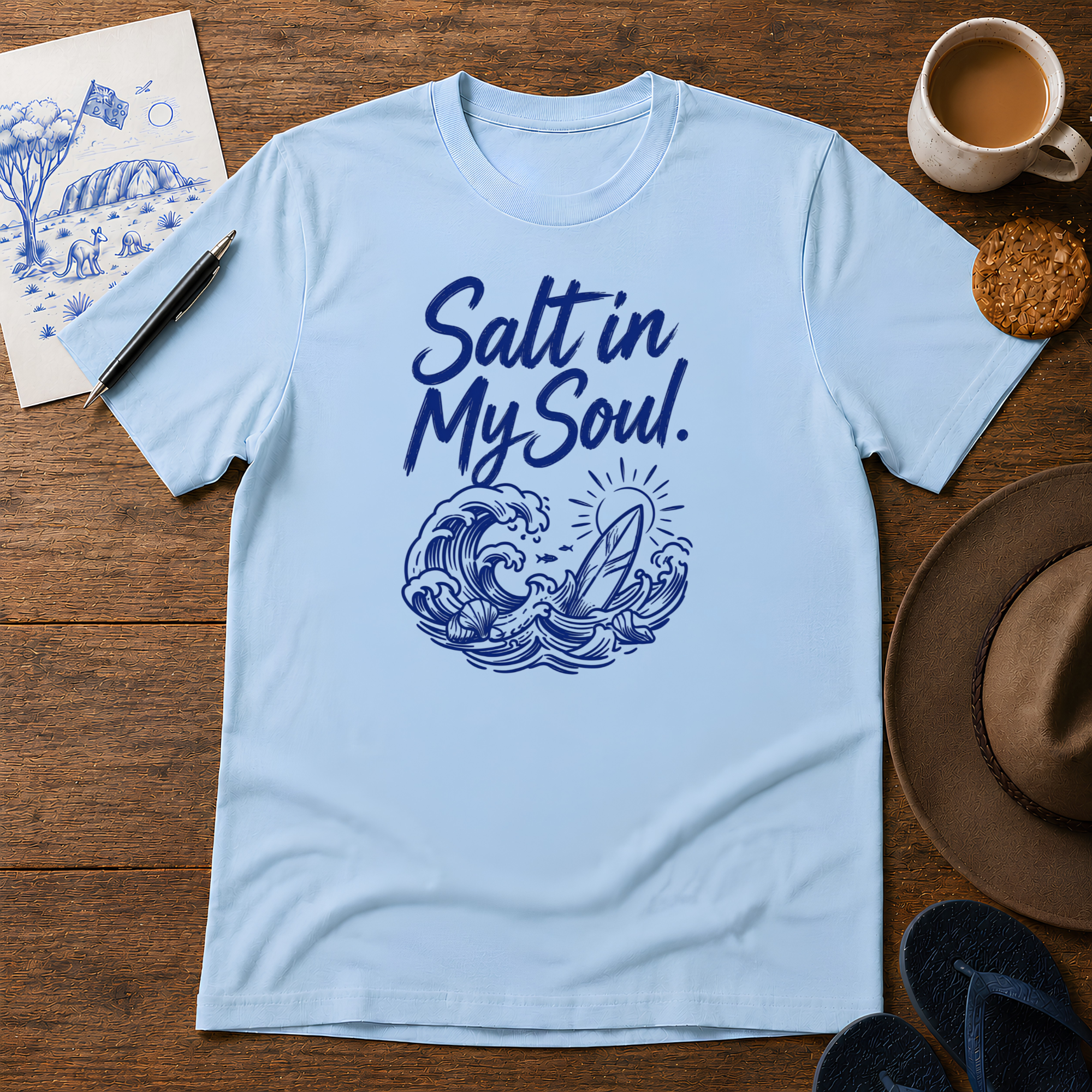 Salt in My Soul Tee ink-sketch T-shirt, in Light Blue