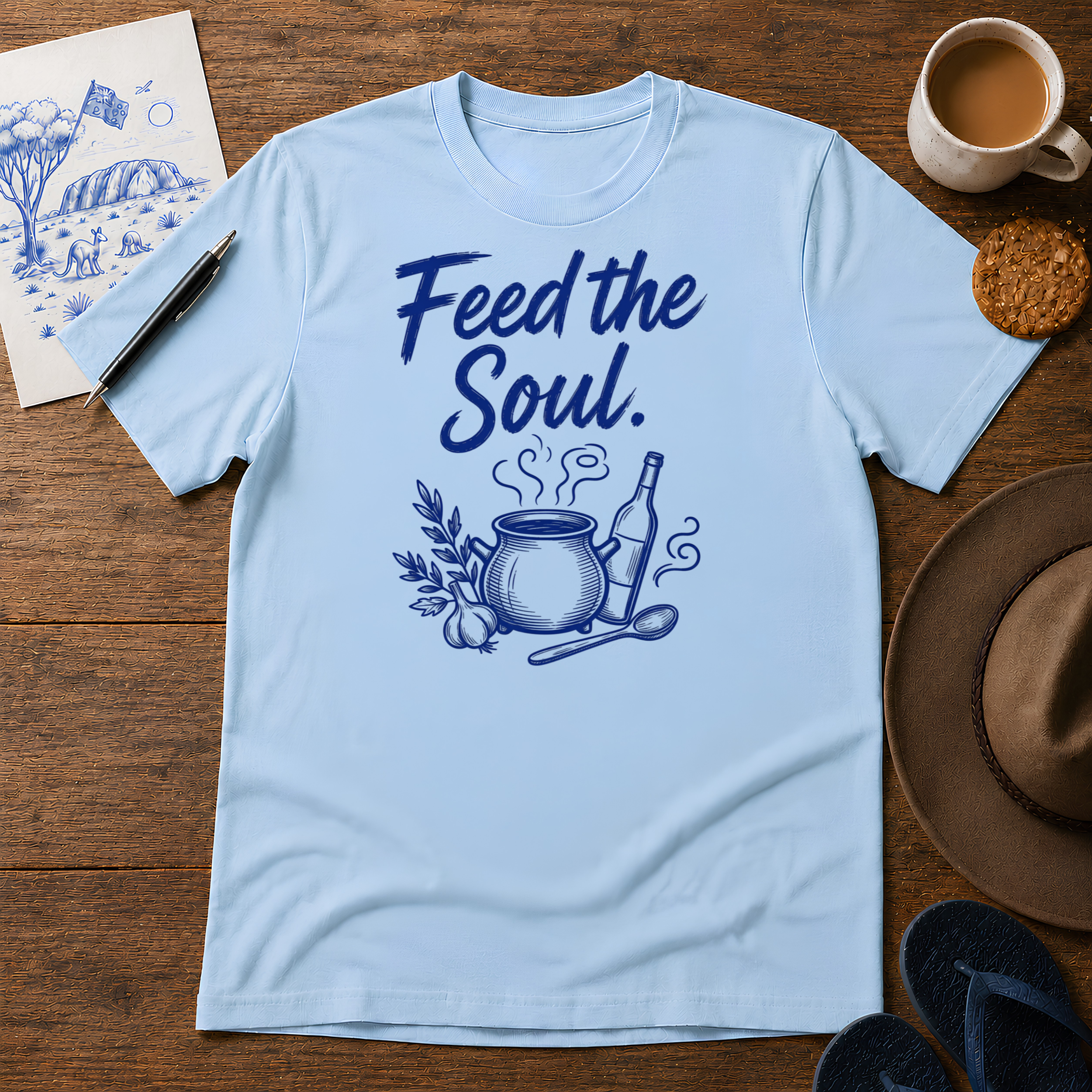 Feed the Soul Tee ink-sketch T-shirt, in Light Blue