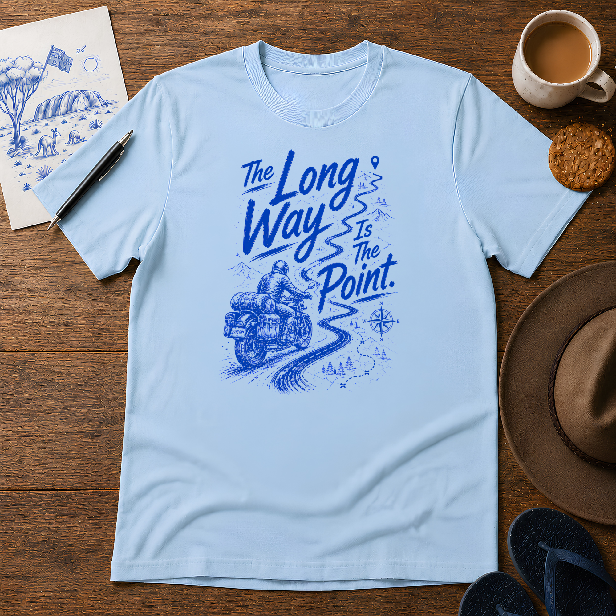 The Long Way Is the Point ink-sketch T-shirt, in Light Blue