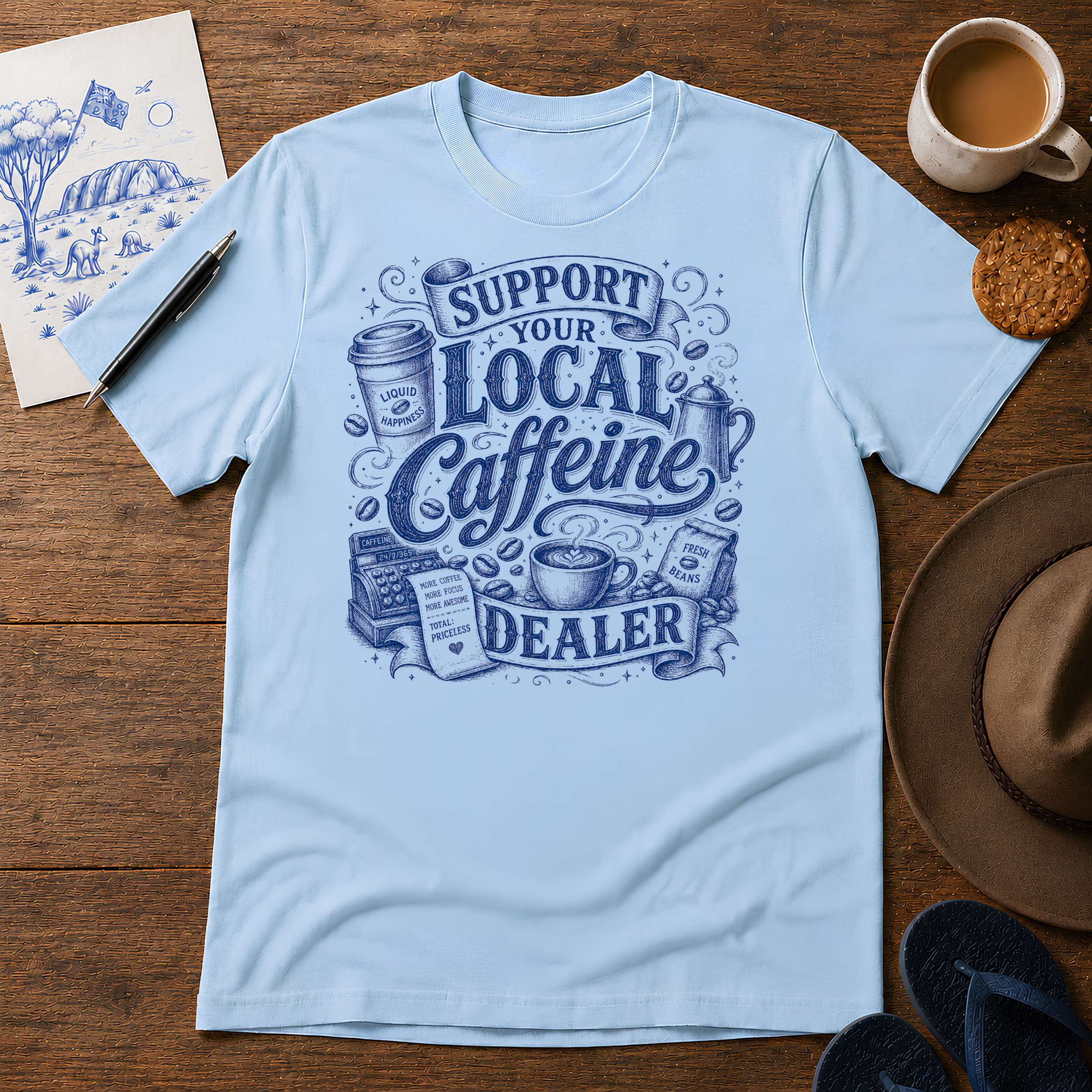 Local Coffee Dealer Tee ink-sketch T-shirt, in Light Blue