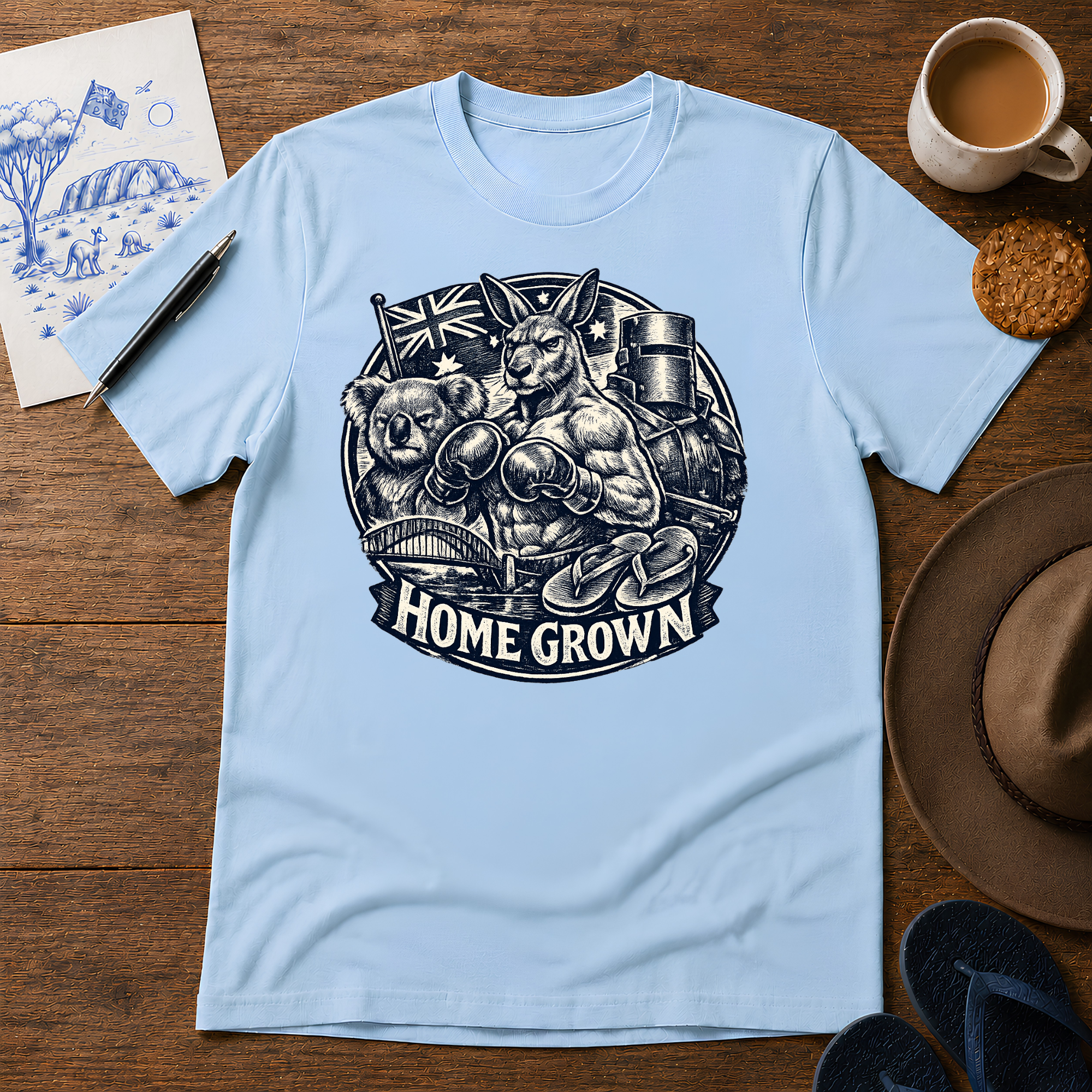 Home Grown Australian ink-sketch T-shirt in Light Blue