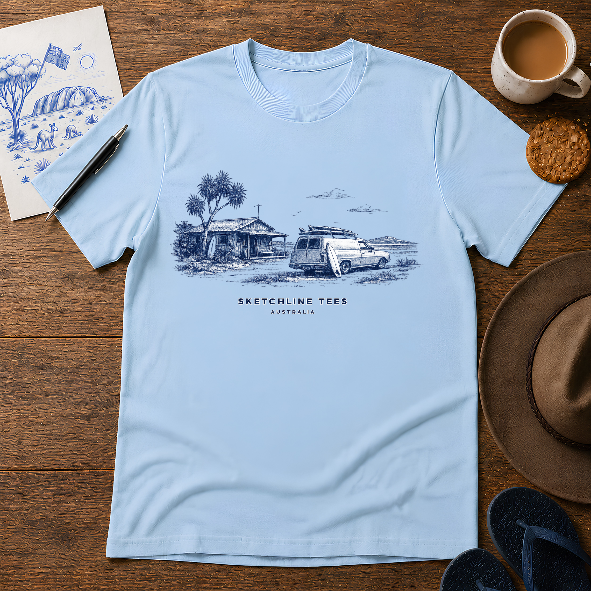 The Old Beach Shack Tee by Sketchline Tees - Australian coastal beach shack graphic T-shirt