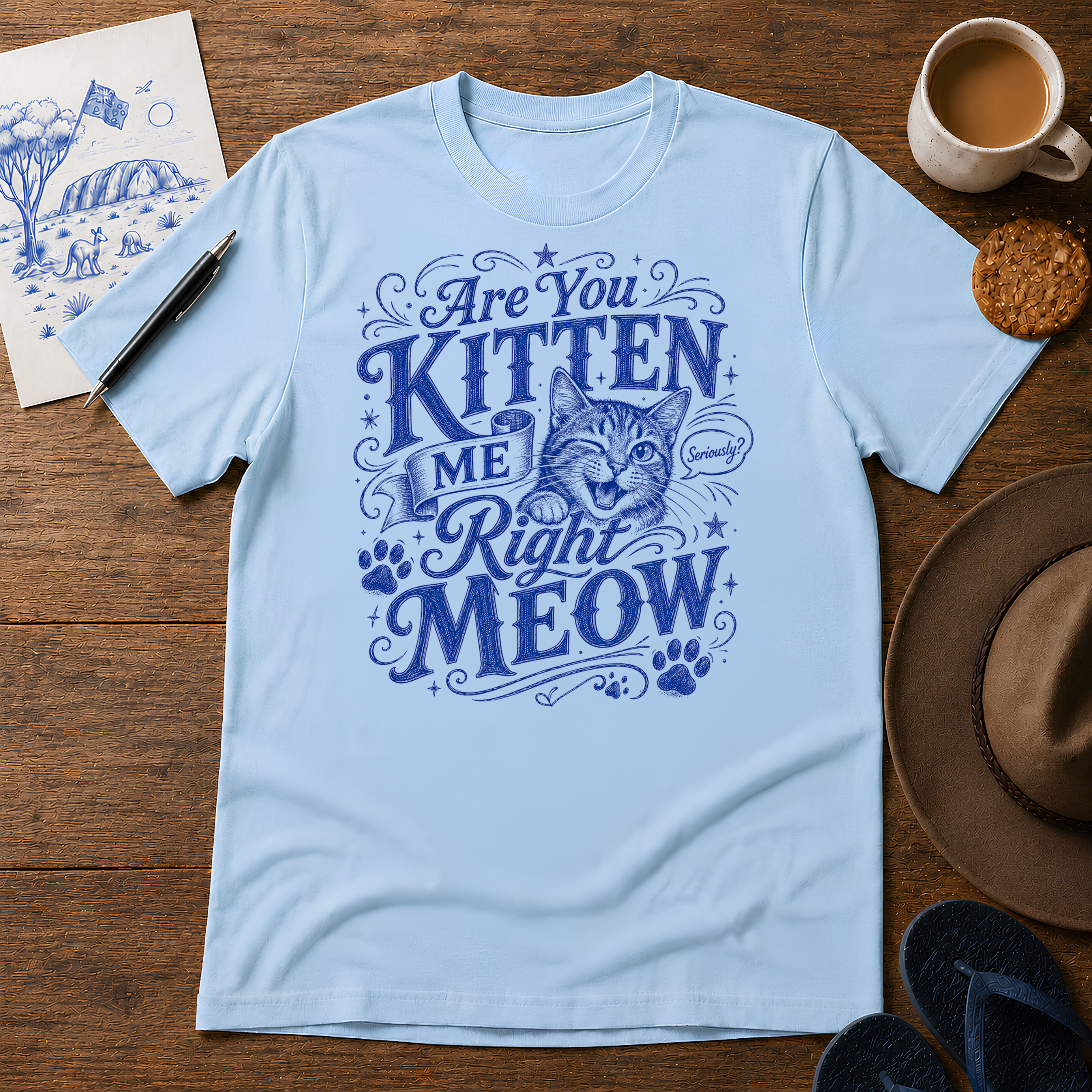 Are You Kitten Me Right Meow Tee ink-sketch T-shirt, in Light Blue
