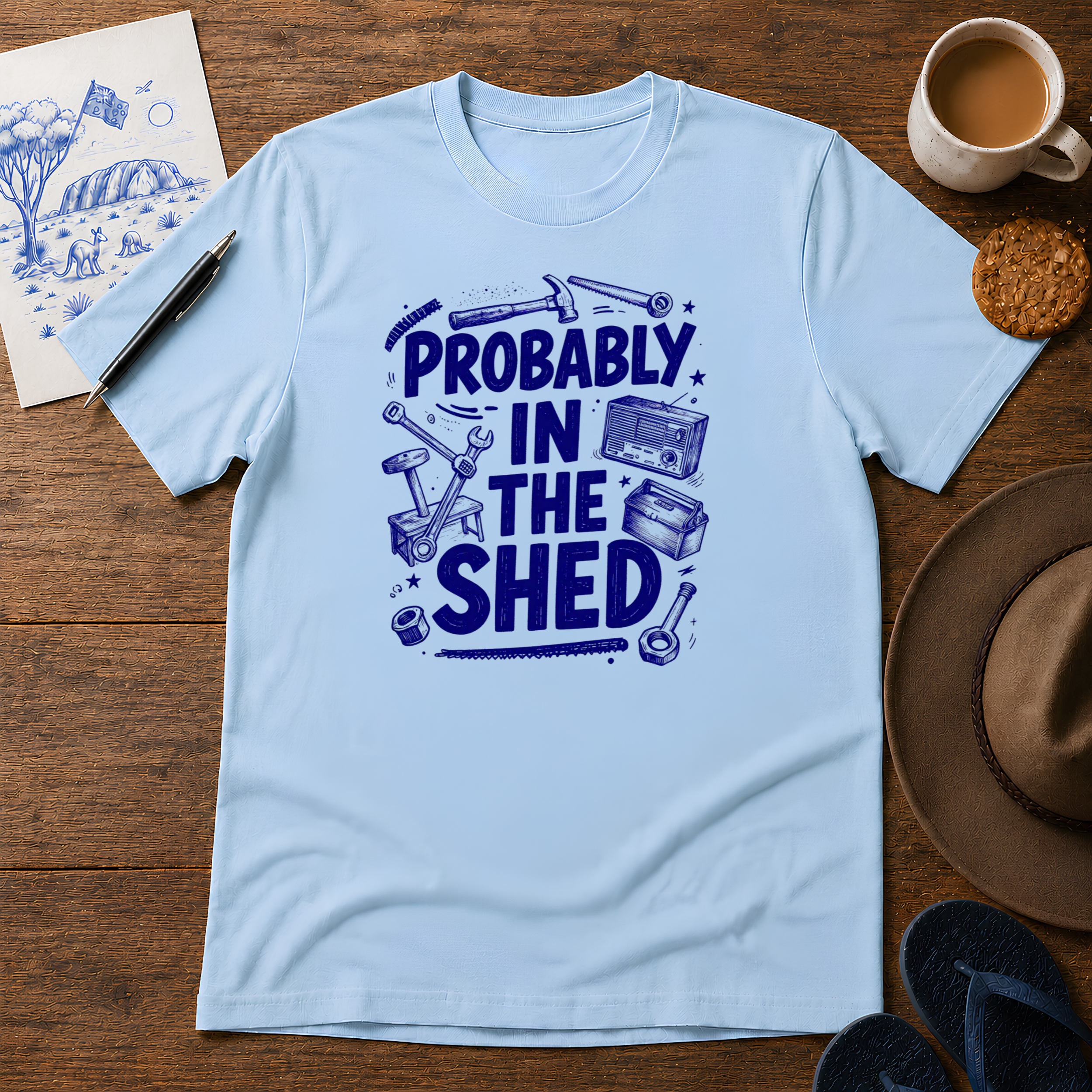 Probably in the Shed Tee ink-sketch T-shirt, in Light Blue