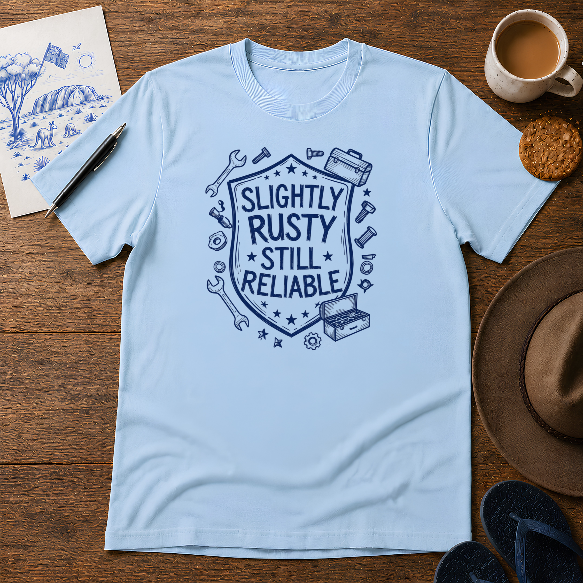 Slightly Rusty Tee ink-sketch T-shirt, in Light Blue