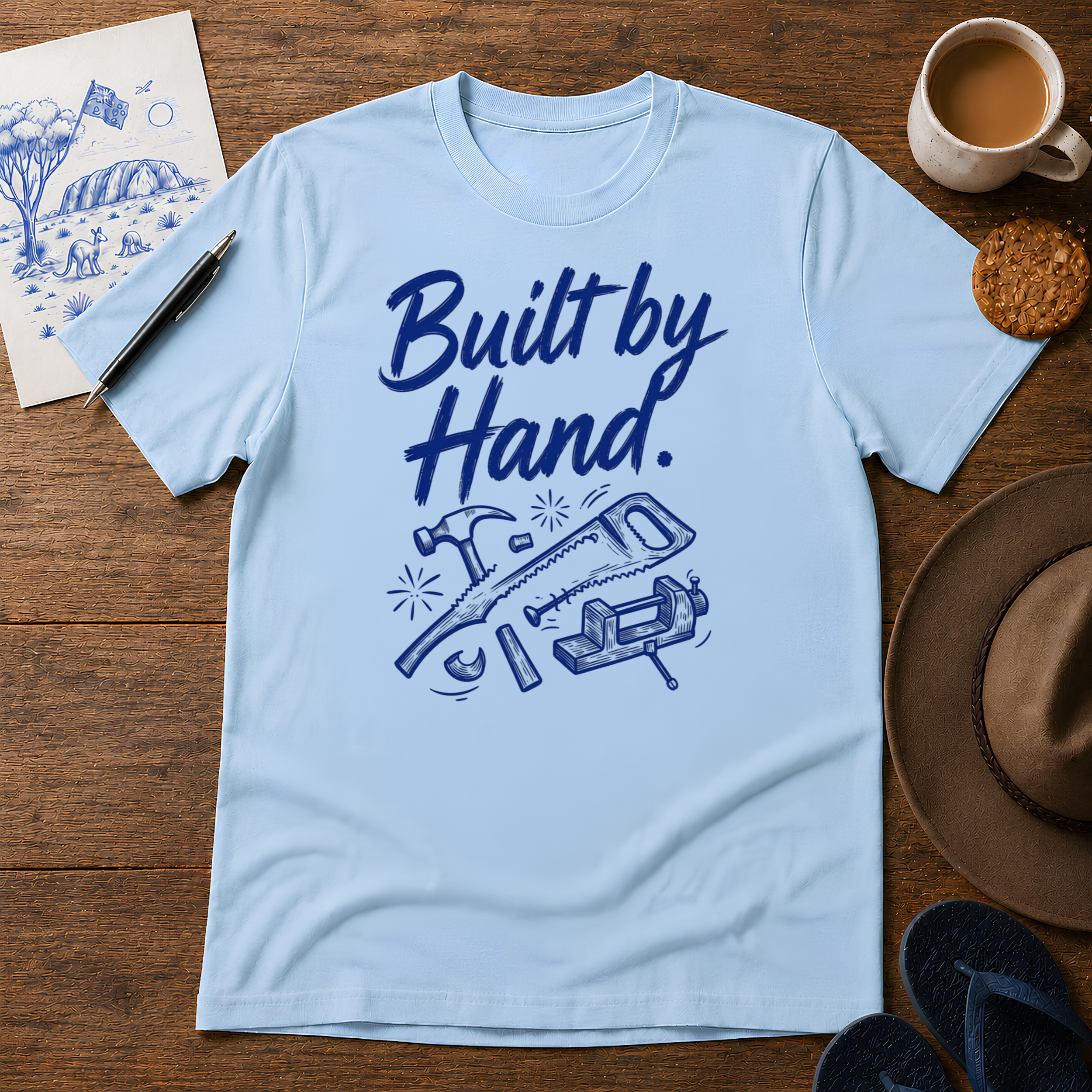 Built by Hand Tee ink-sketch T-shirt, in Light Blue