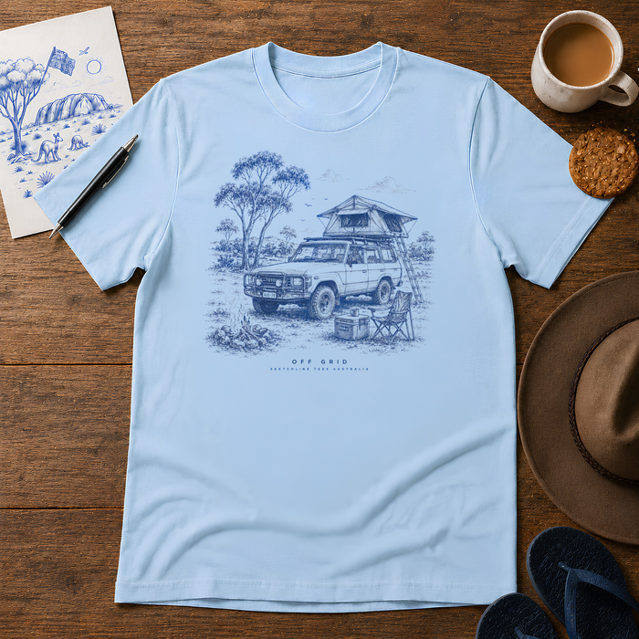 Off Grid ink-sketch T-shirt, in Light Blue