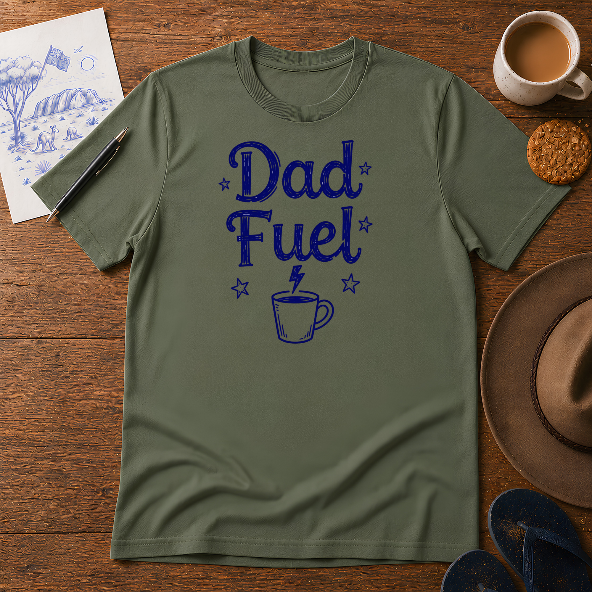 Dad Fuel Tee ink-sketch T-shirt, in Military Green