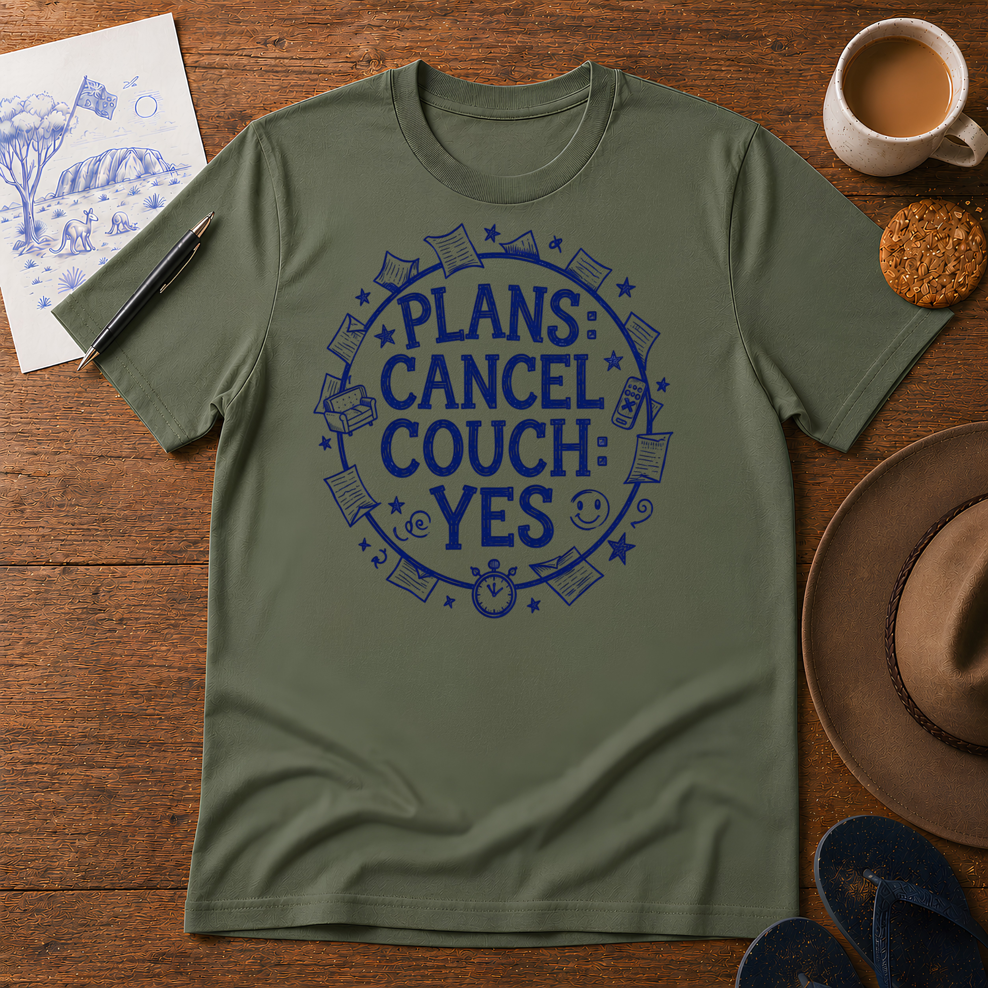 Plans Cancelled, Couch Approved Tee ink-sketch T-shirt, in Military Green