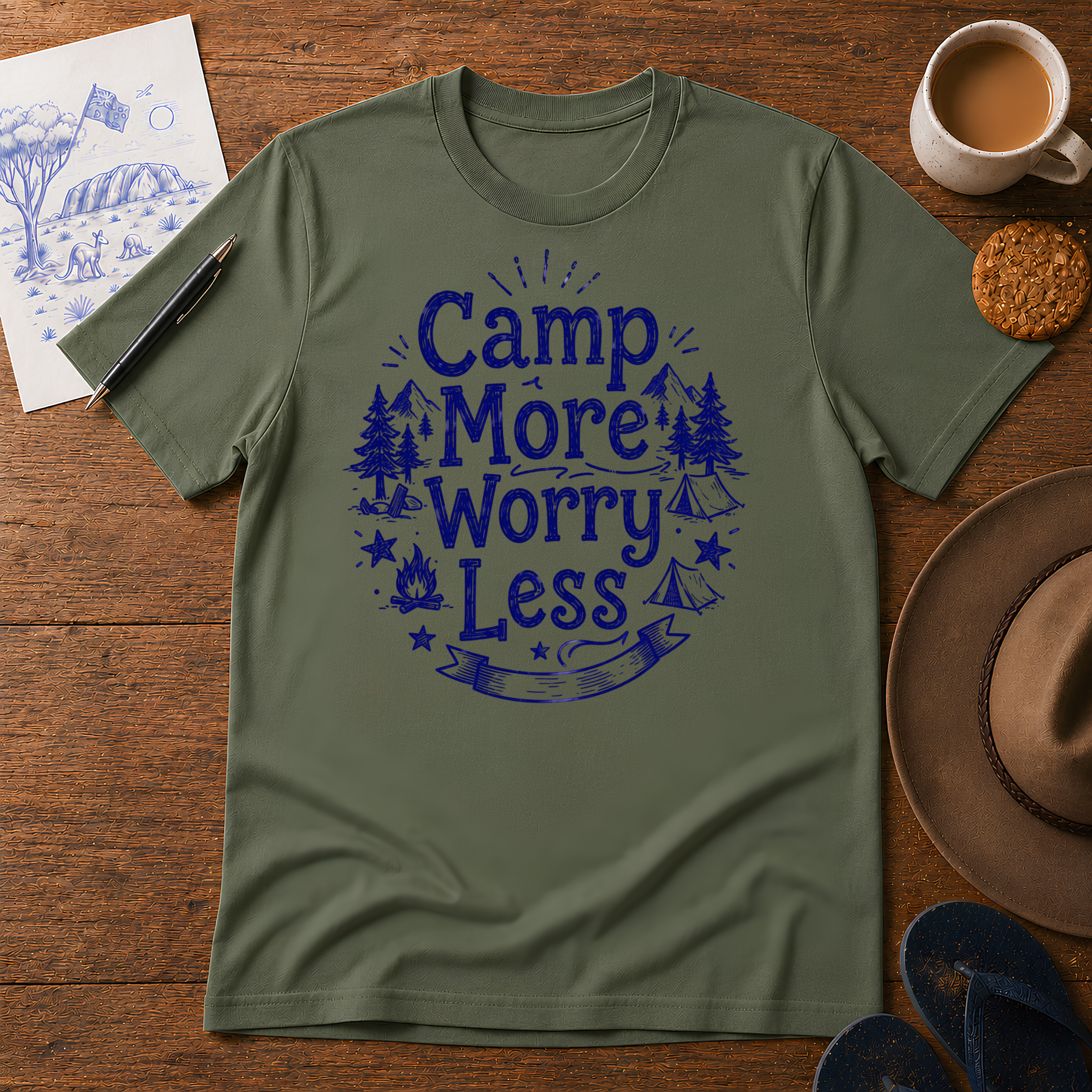 Camp More, Worry Less Tee ink-sketch T-shirt, in Military Green