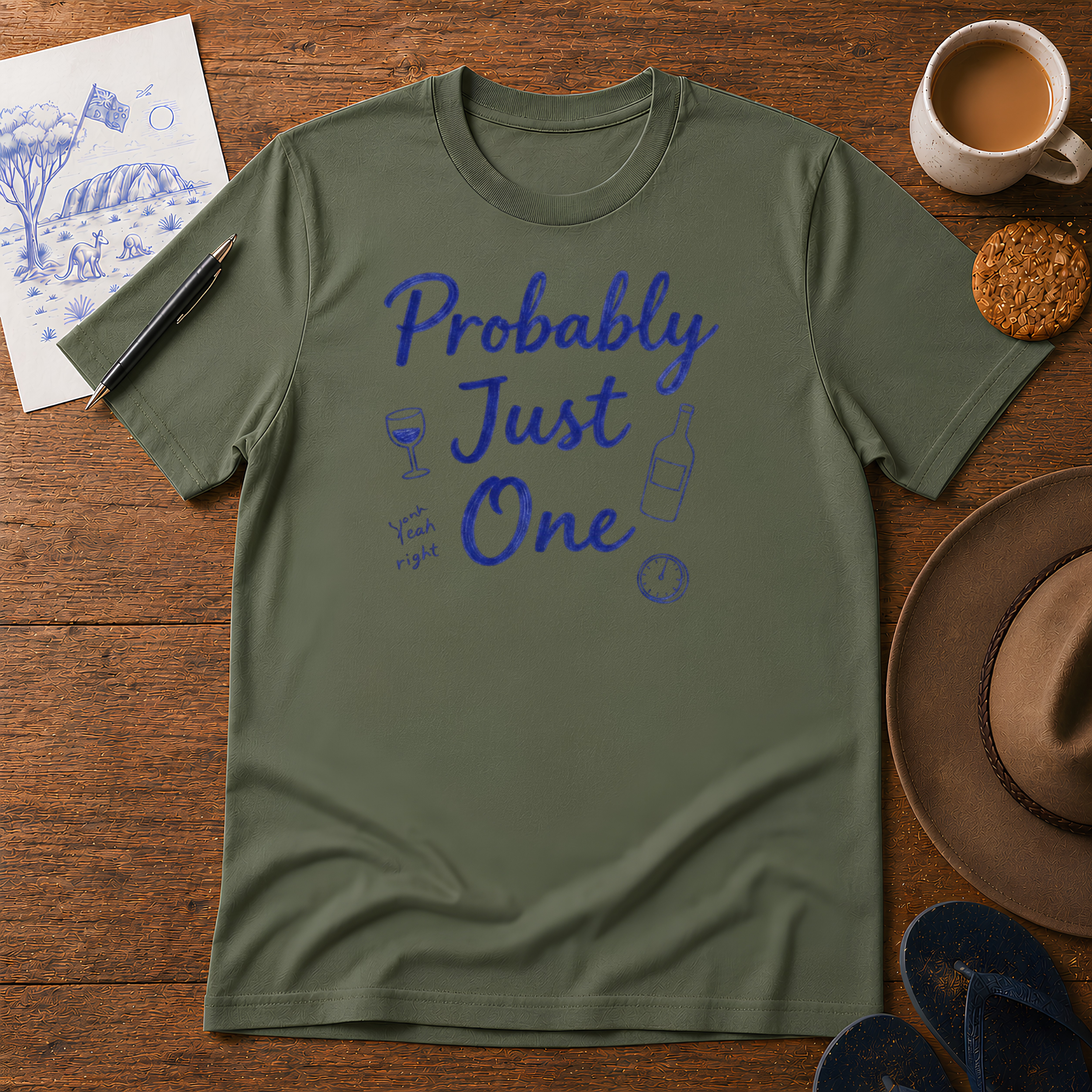 Probably Just One Tee ink-sketch T-shirt, in Military Green