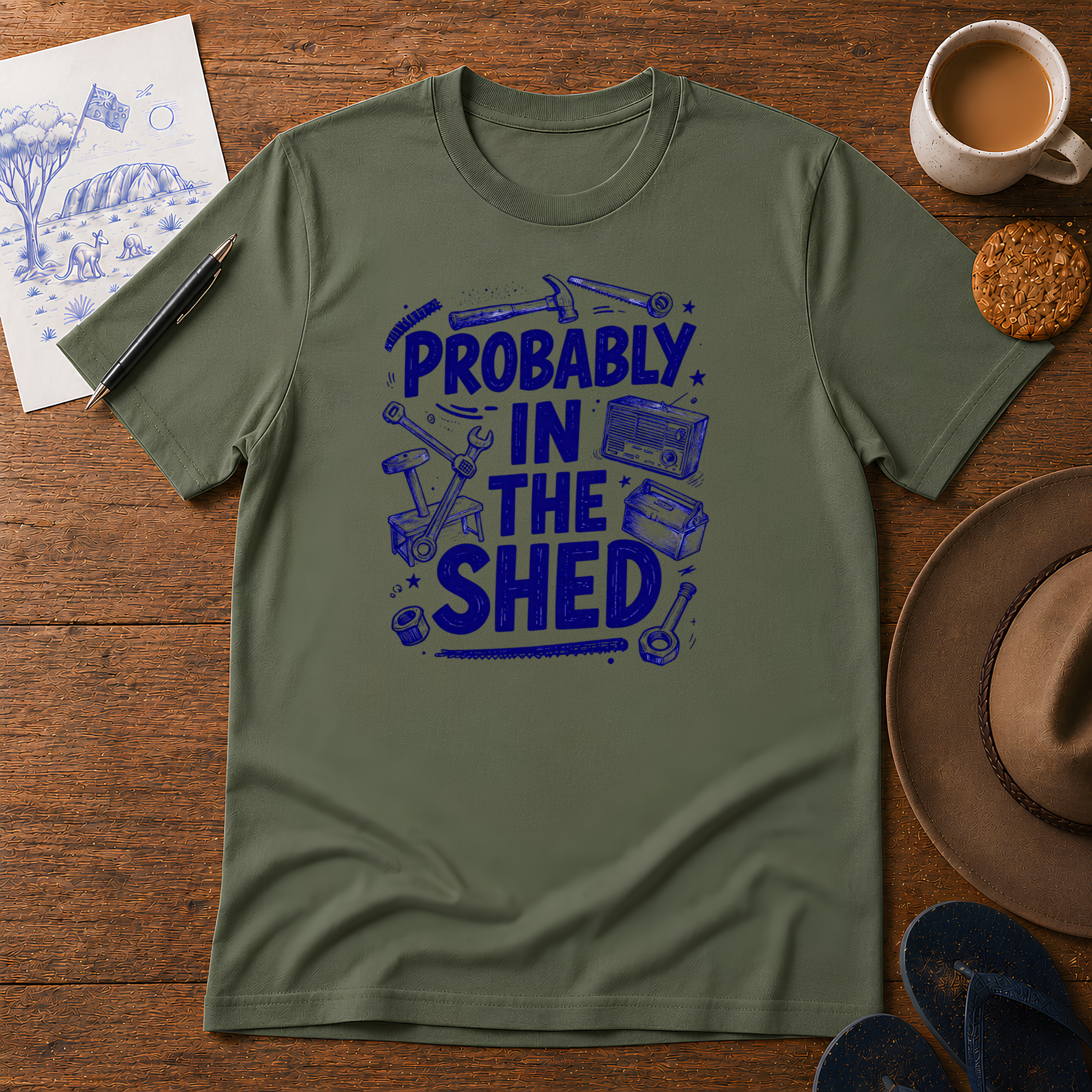 Probably in the Shed Tee ink-sketch T-shirt, in Military Green