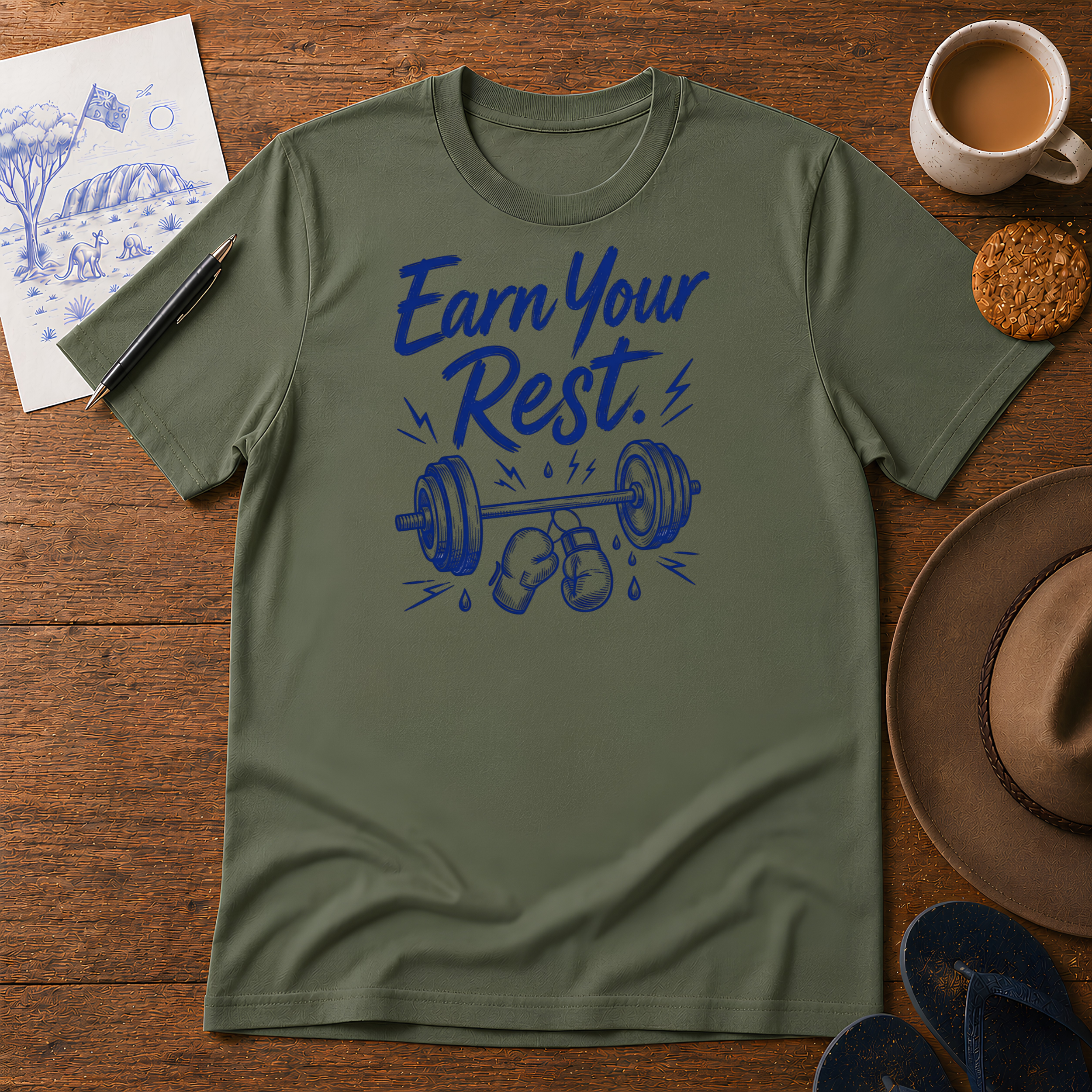 Earn Your Rest Tee ink-sketch T-shirt, in Military Green