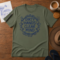 Dirty Hands, Clear Mind Tee ink-sketch T-shirt, in Military Green