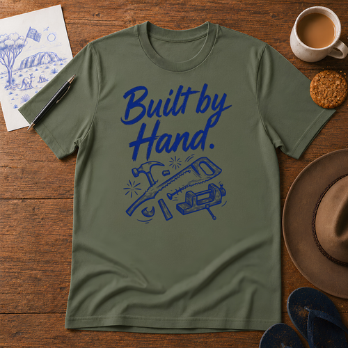 Built by Hand Tee ink-sketch T-shirt, in Military Green