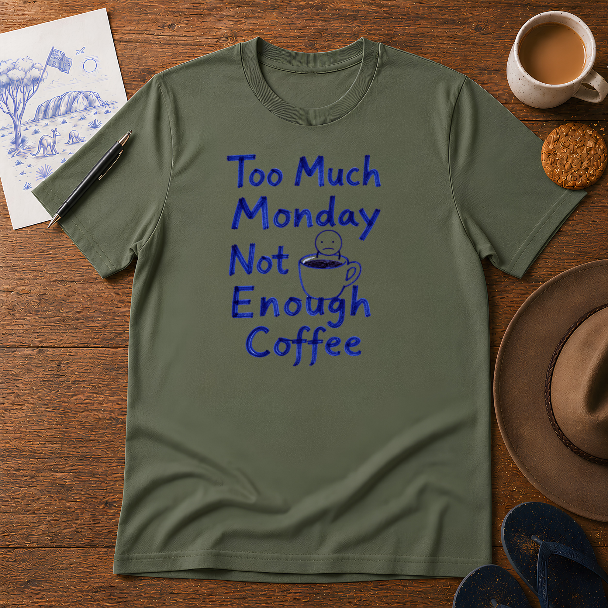Too Much Monday Tee ink-sketch T-shirt, in Military Green