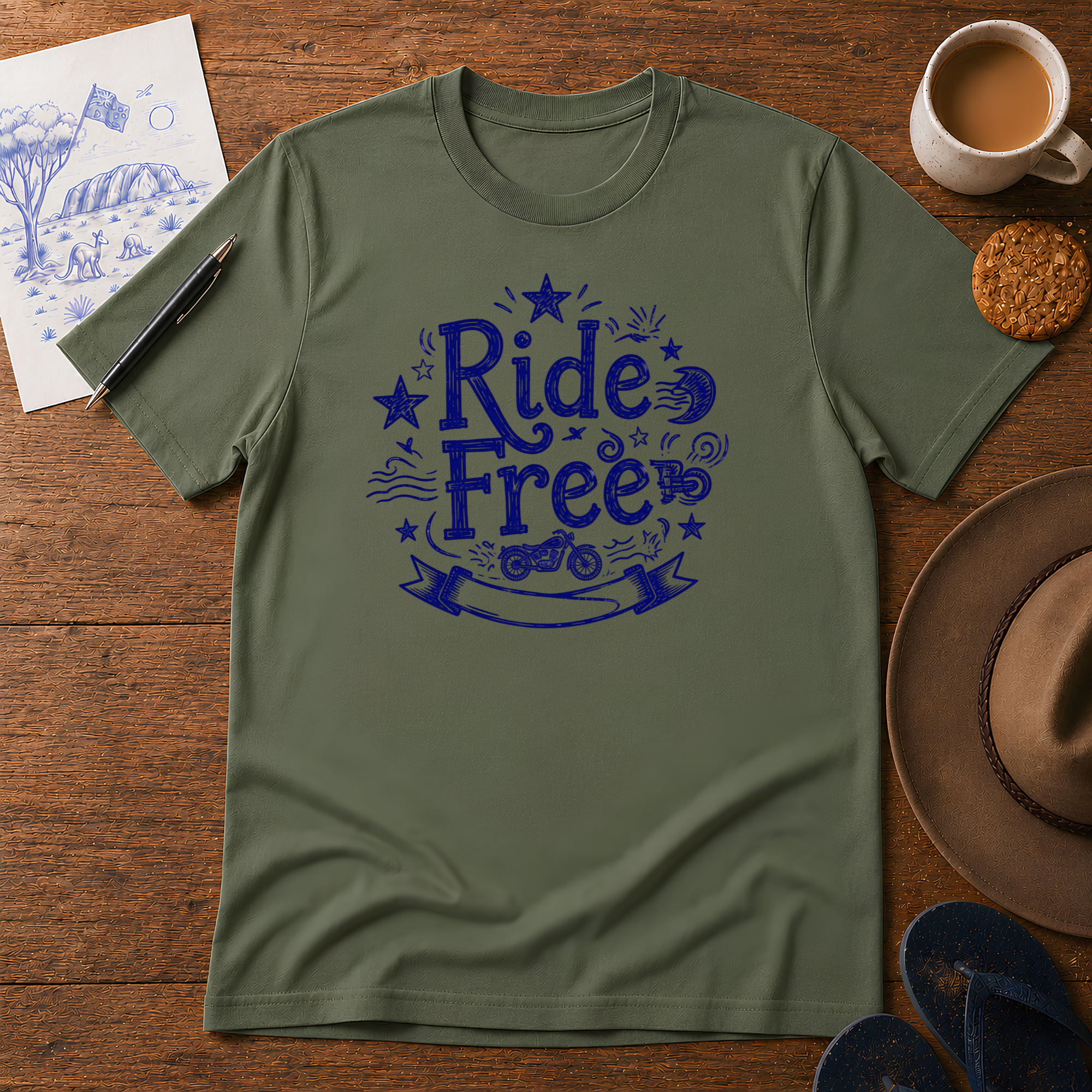 Ride Free Tee ink-sketch T-shirt, in Military Green