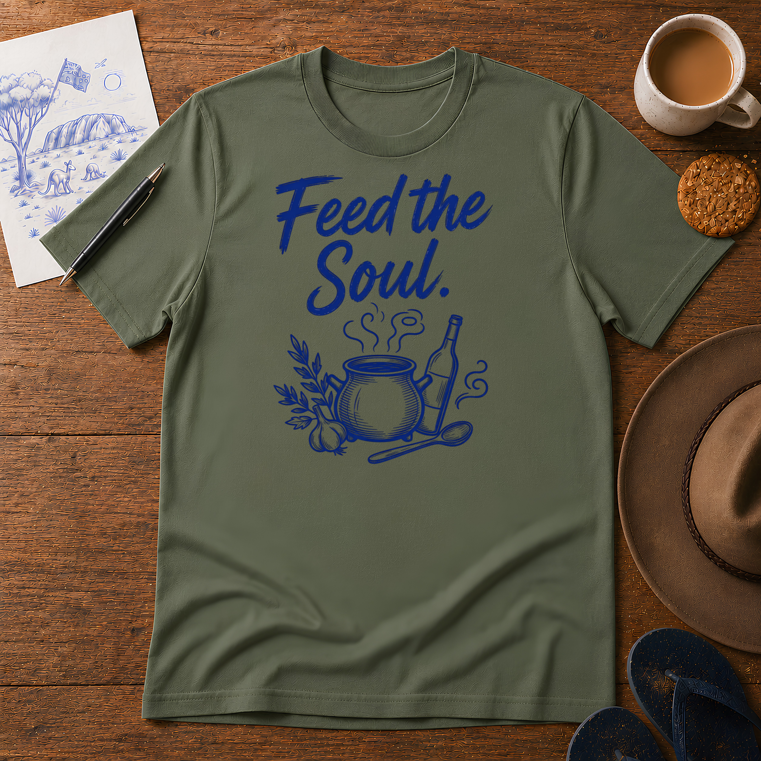 Feed the Soul Tee ink-sketch T-shirt, in Military Green