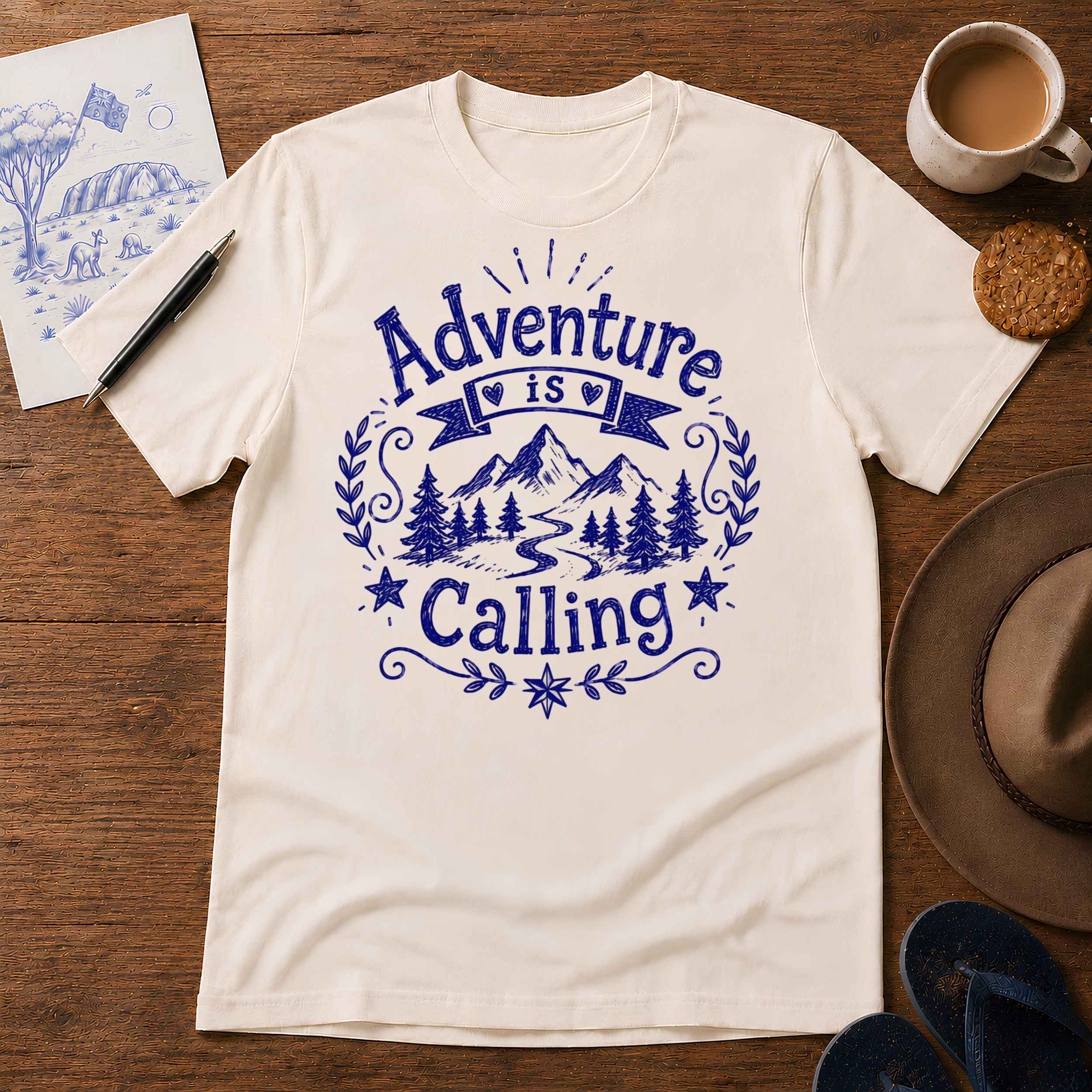Adventure Is Calling Tee ink-sketch T-shirt, in Natural