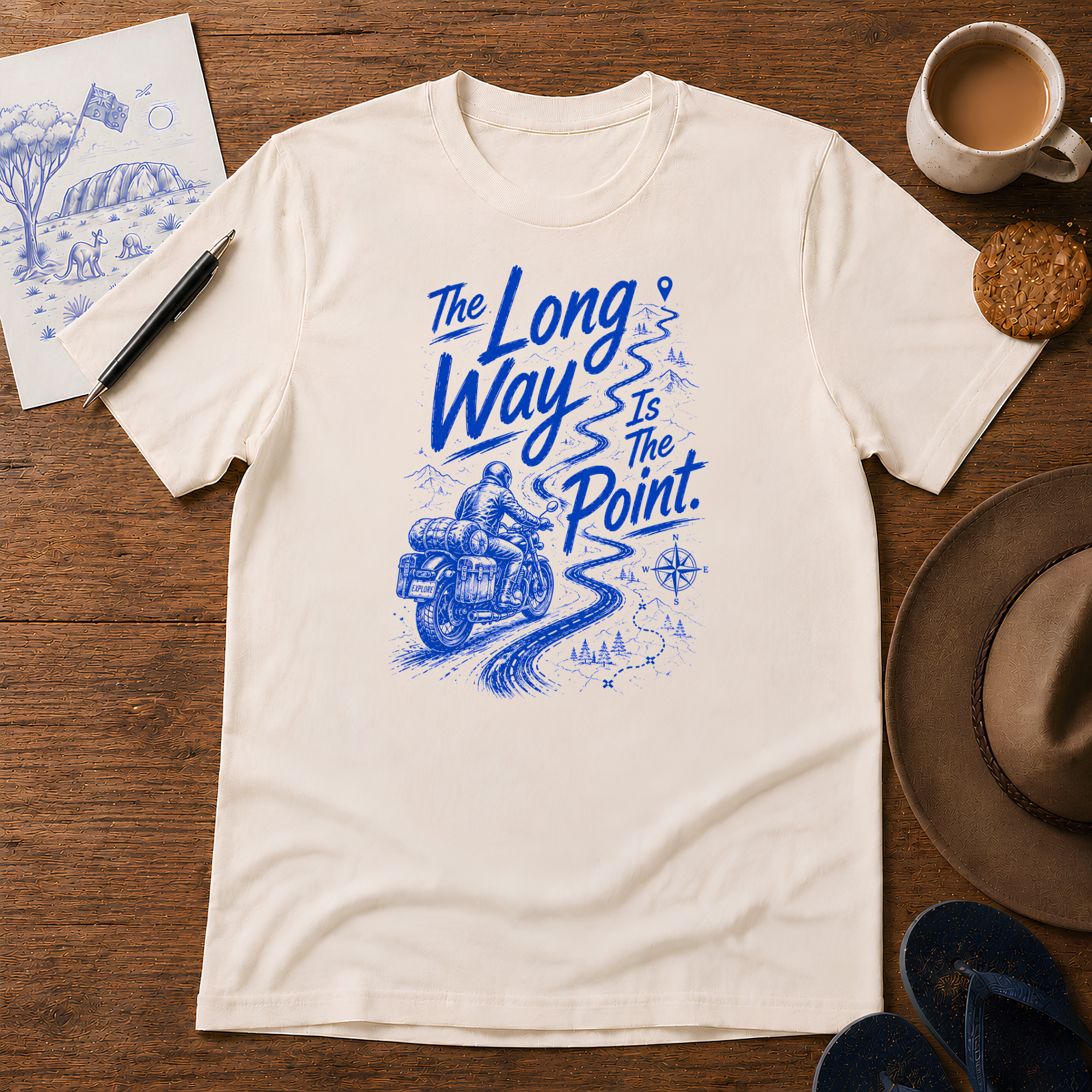 The Long Way Is the Point ink-sketch T-shirt, in Natural