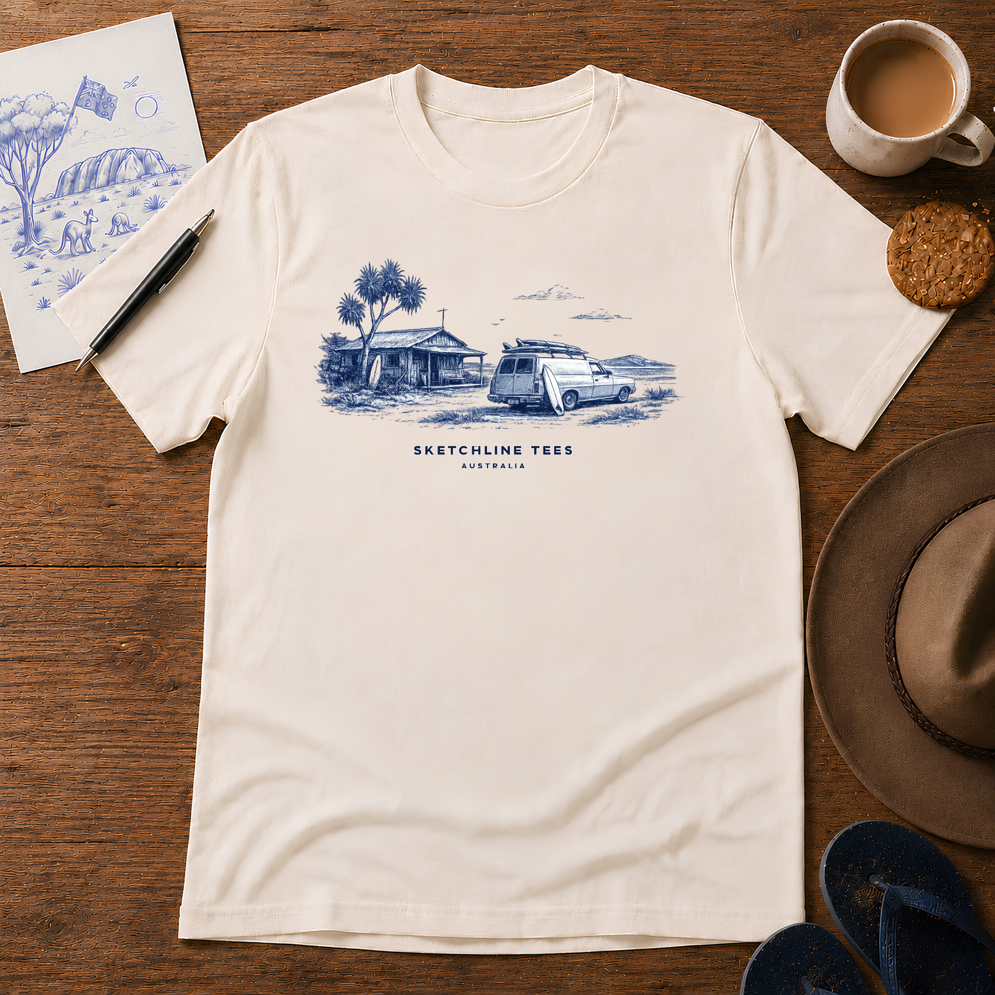 The Old Beach Shack Tee by Sketchline Tees - Australian coastal beach shack graphic T-shirt