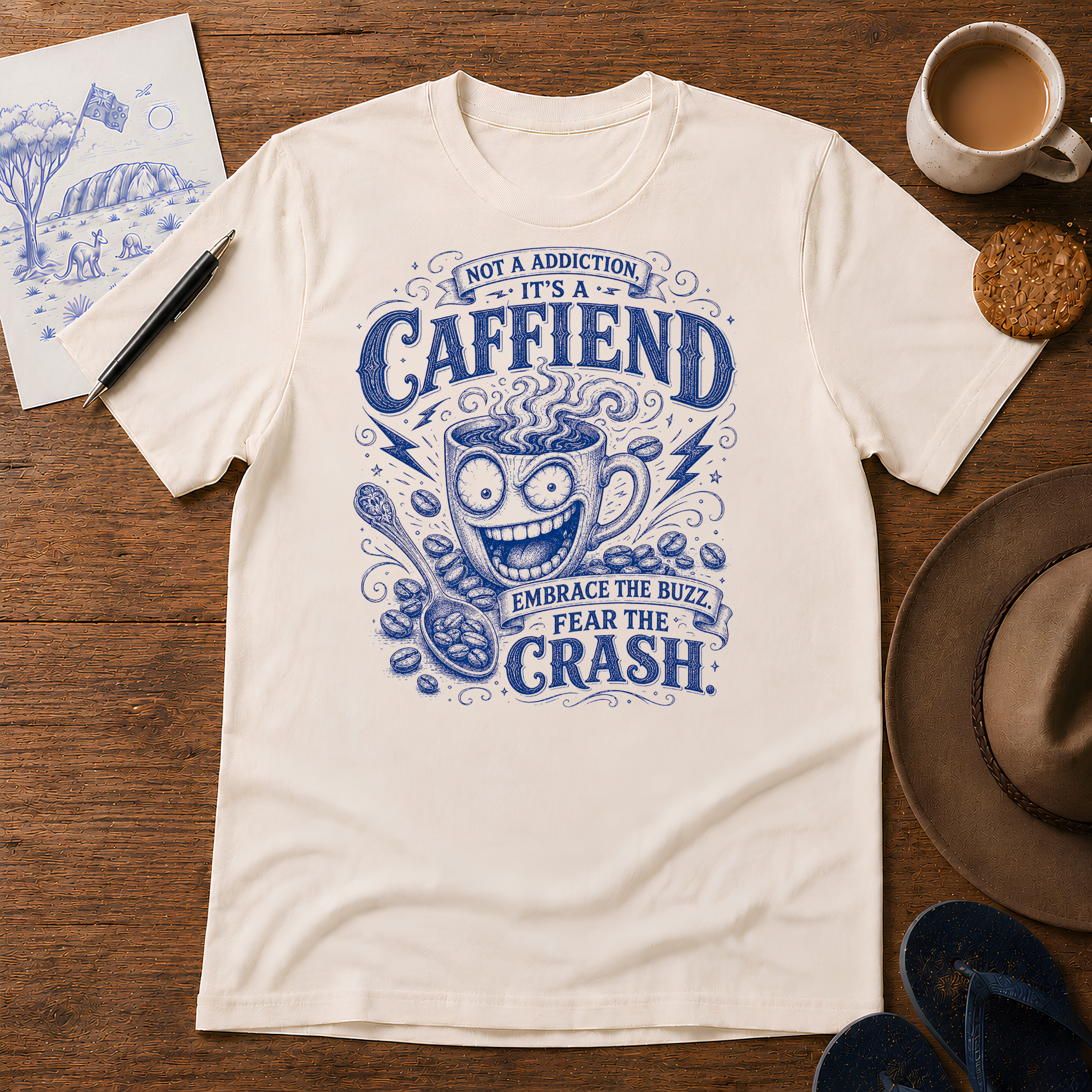 Caffiend Tee ink-sketch T-shirt, in Natural