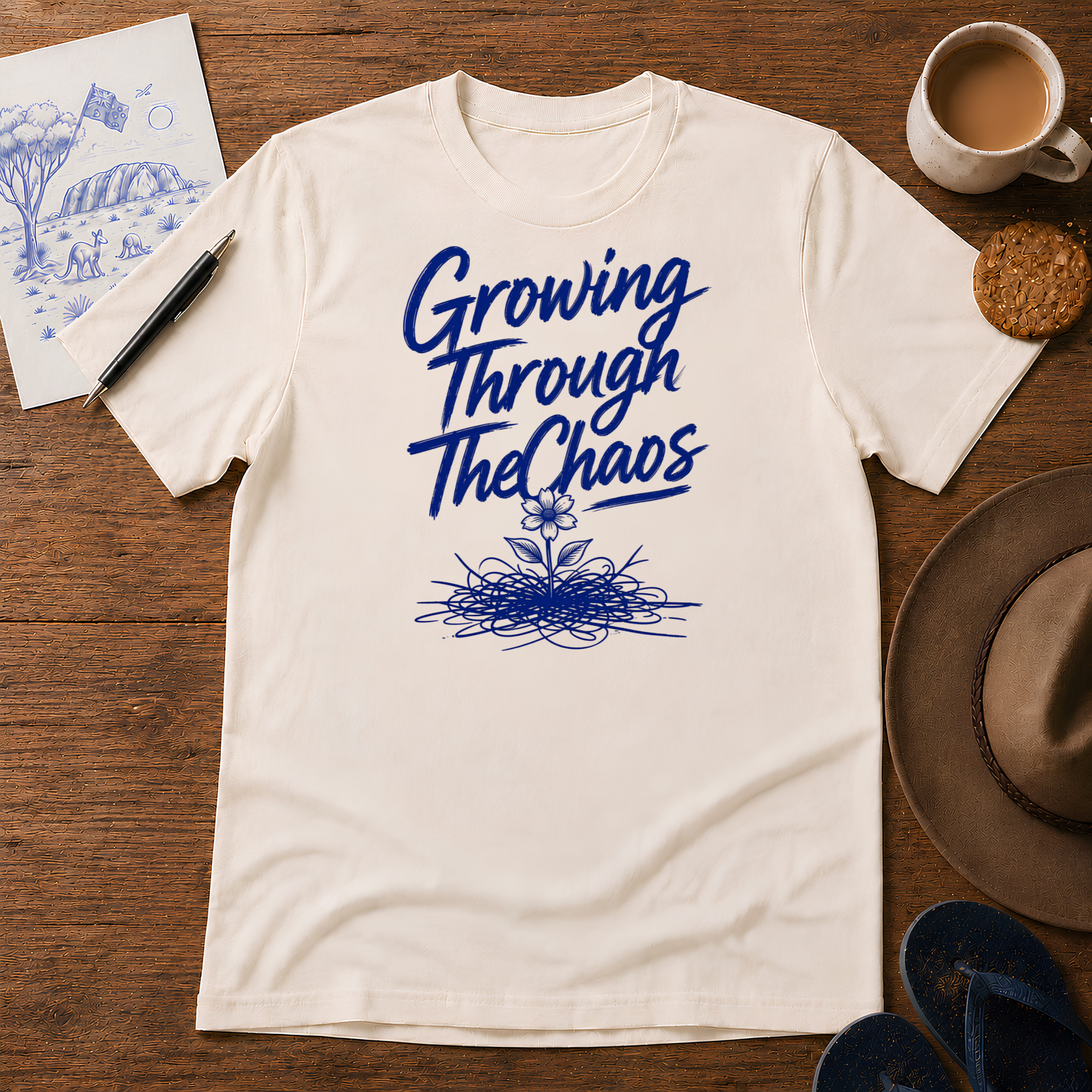 Growing Through the Chaos Tee ink-sketch T-shirt, in Natural
