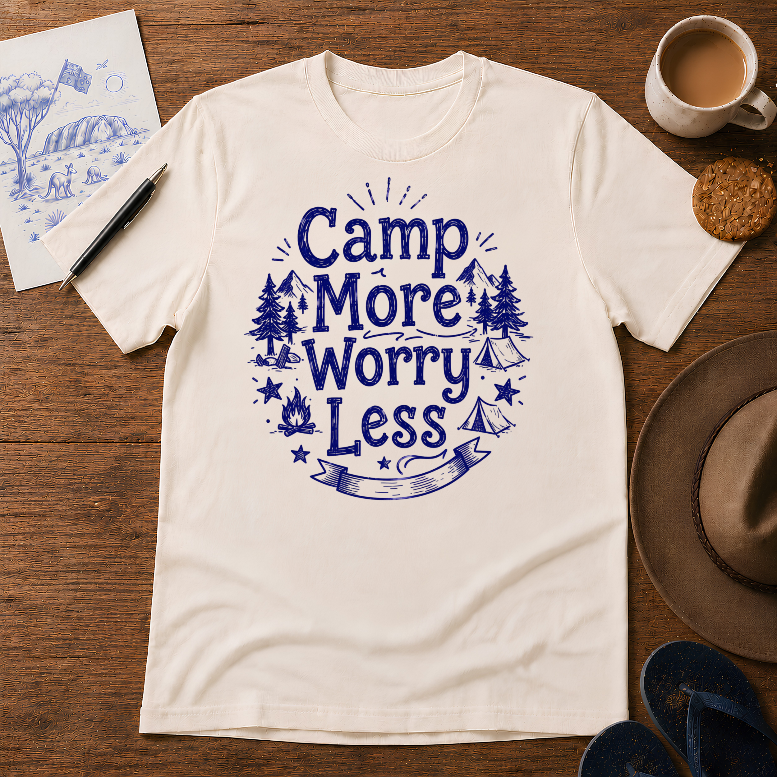 Camp More, Worry Less Tee ink-sketch T-shirt, in Natural
