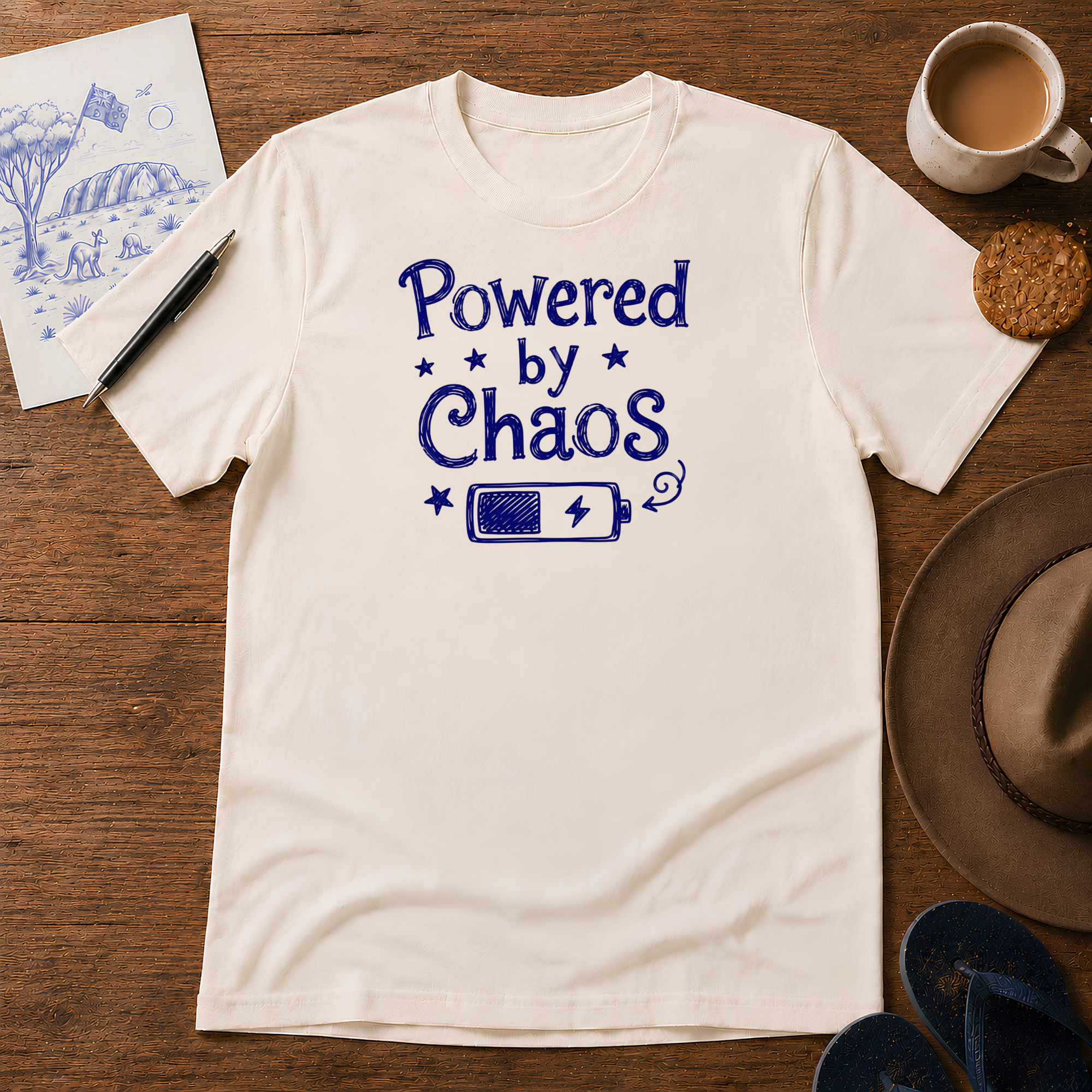 Powered by Chaos Tee ink-sketch T-shirt, in Natural