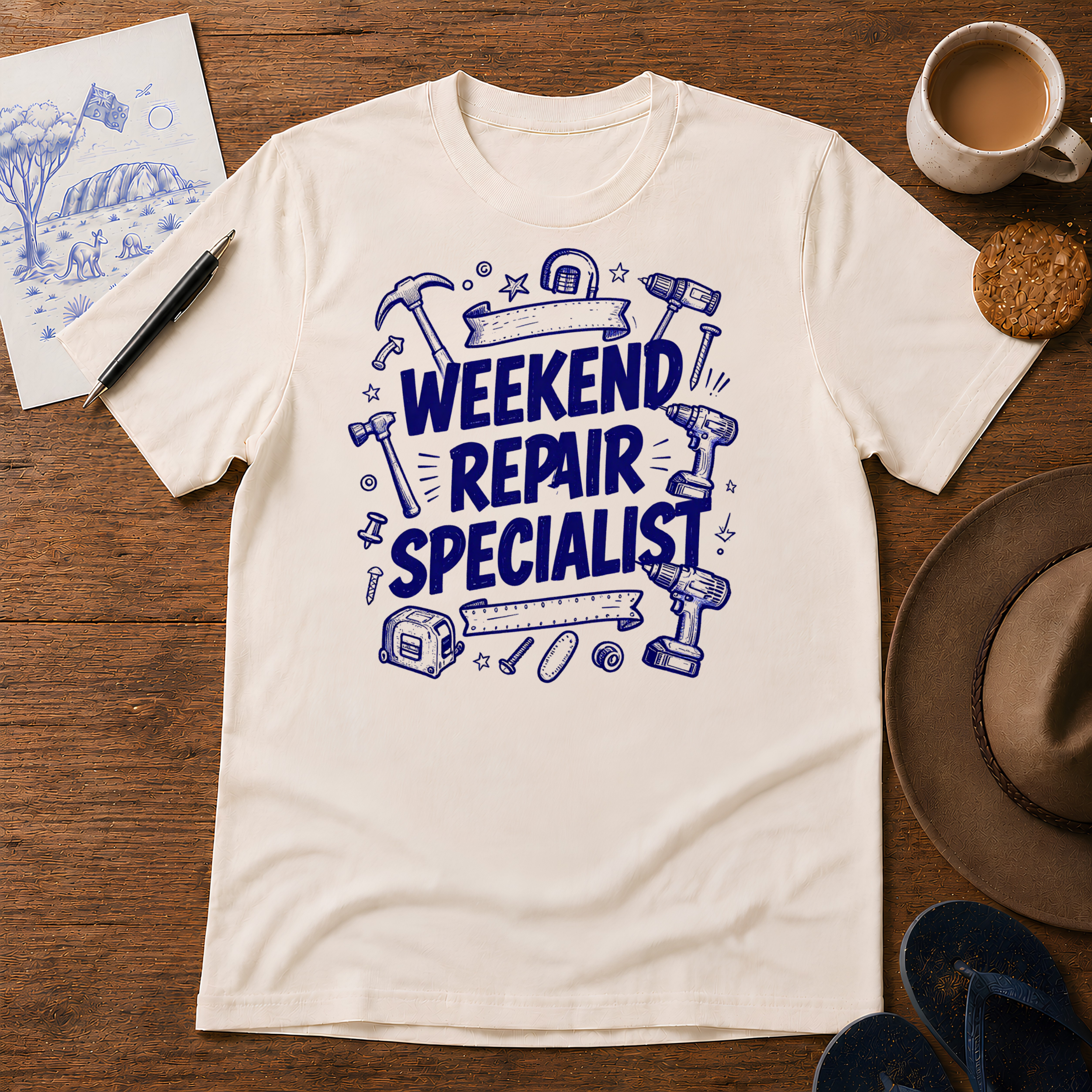 Weekend Repair Specialist Tee ink-sketch T-shirt, in Natural