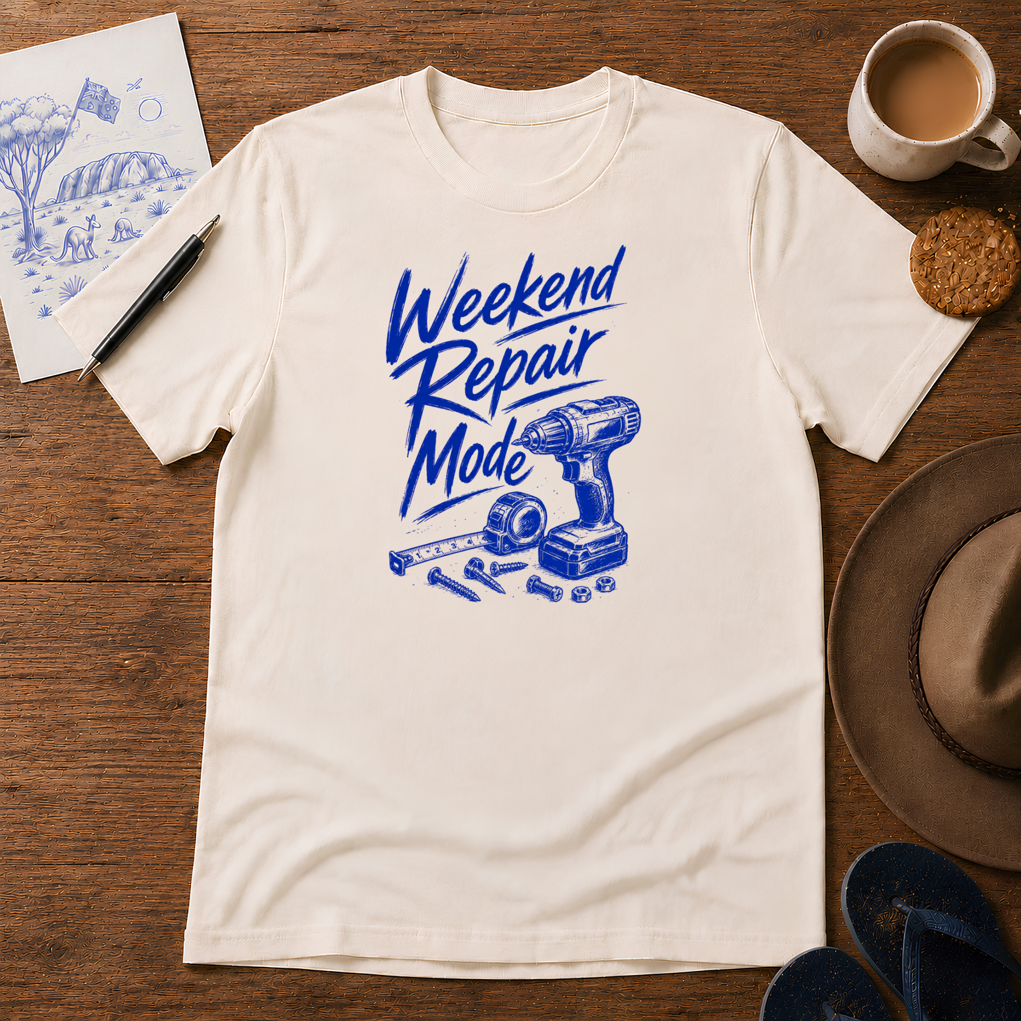 Weekend Repair Mode Tee ink-sketch T-shirt, in Natural