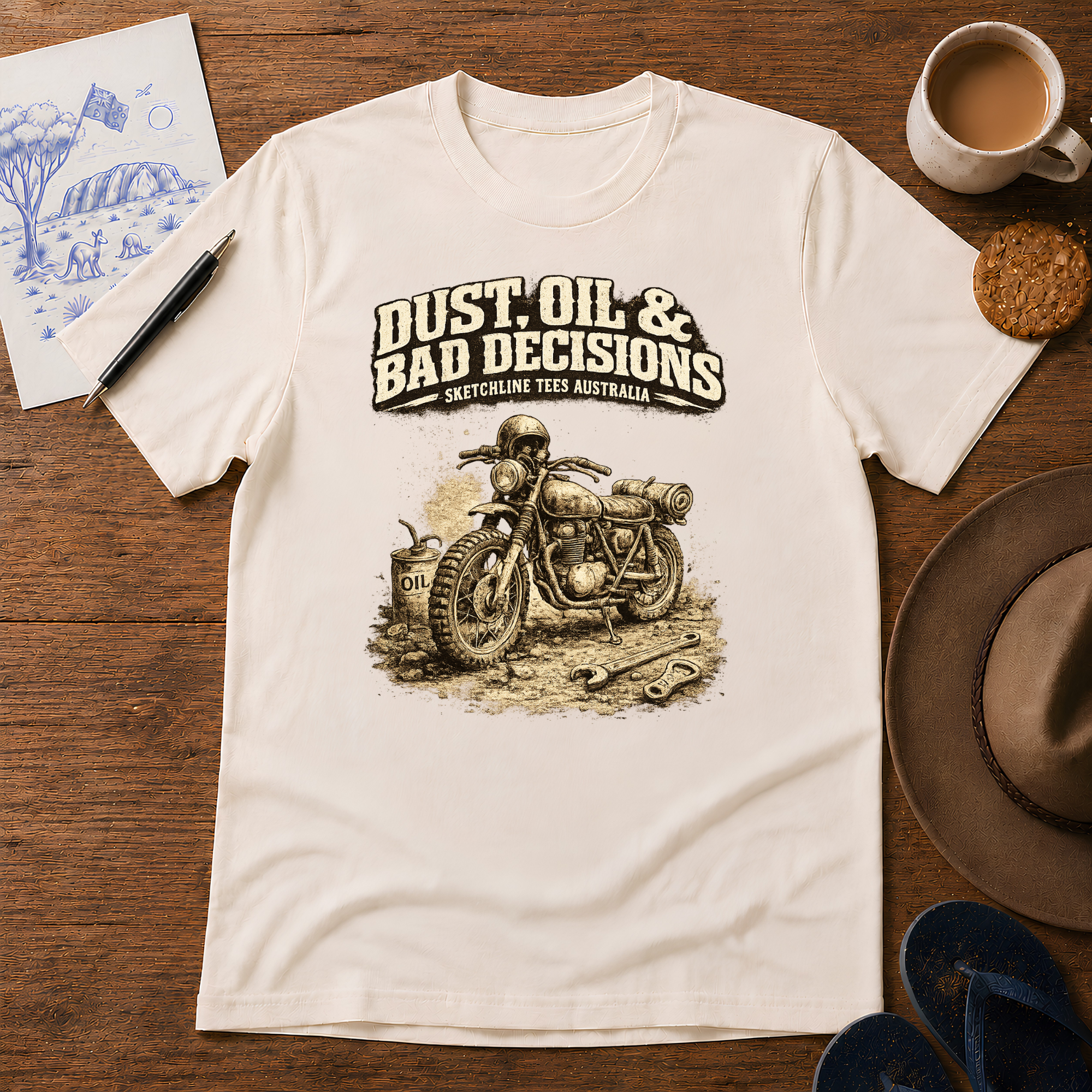 Dust, Oil & Bad Decisions Tee by Sketchline Tees - motorcycle graphic T-shirt