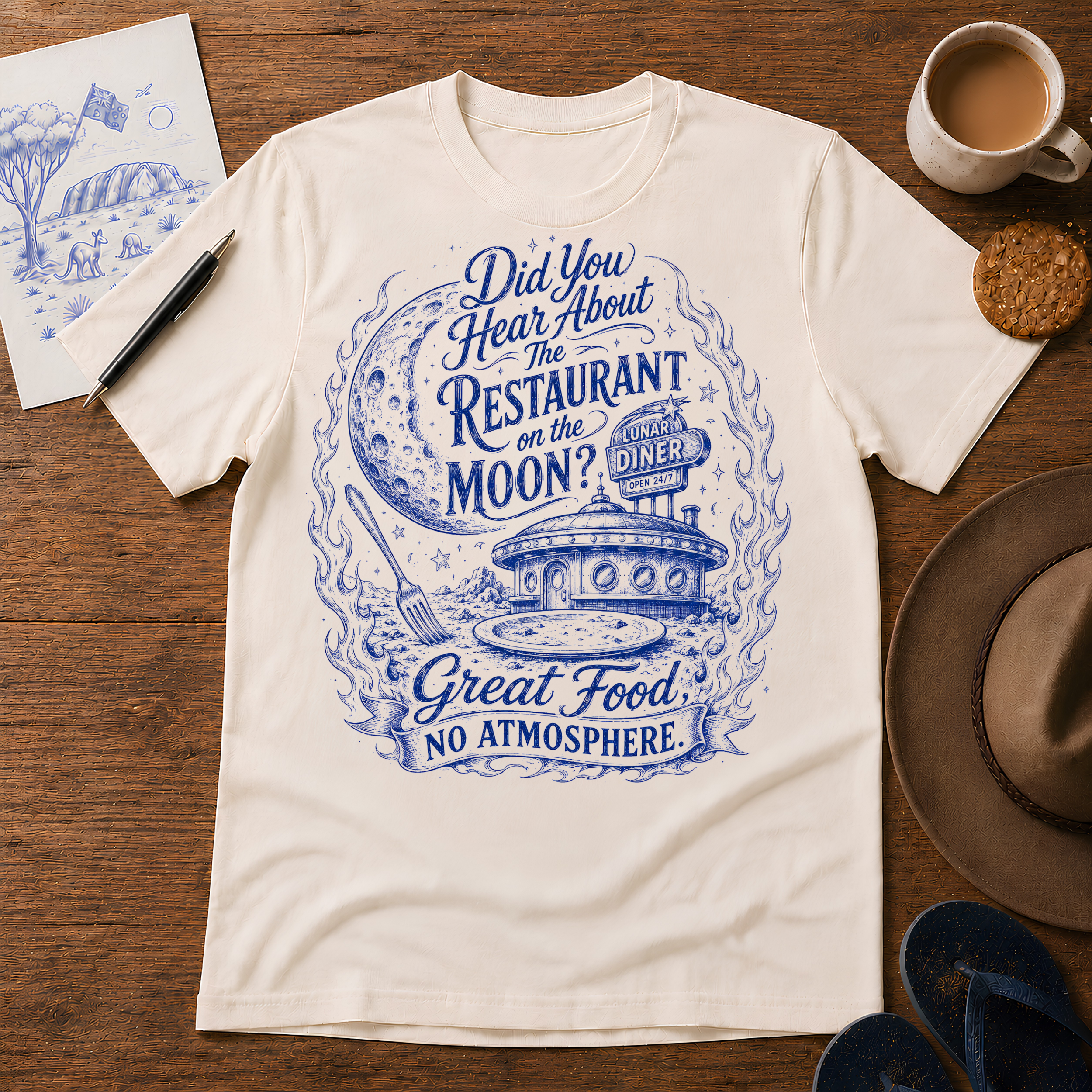 Restaurant on the Moon Tee ink-sketch T-shirt, in Natural