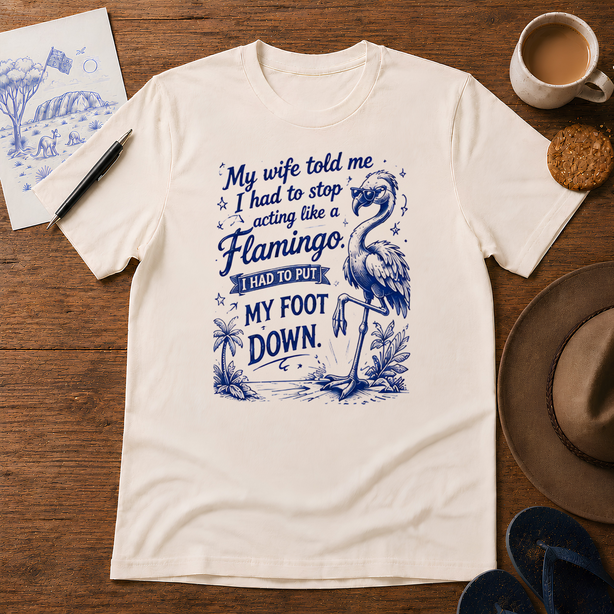 Flamingo Foot Down Tee ink-sketch T-shirt, in Natural