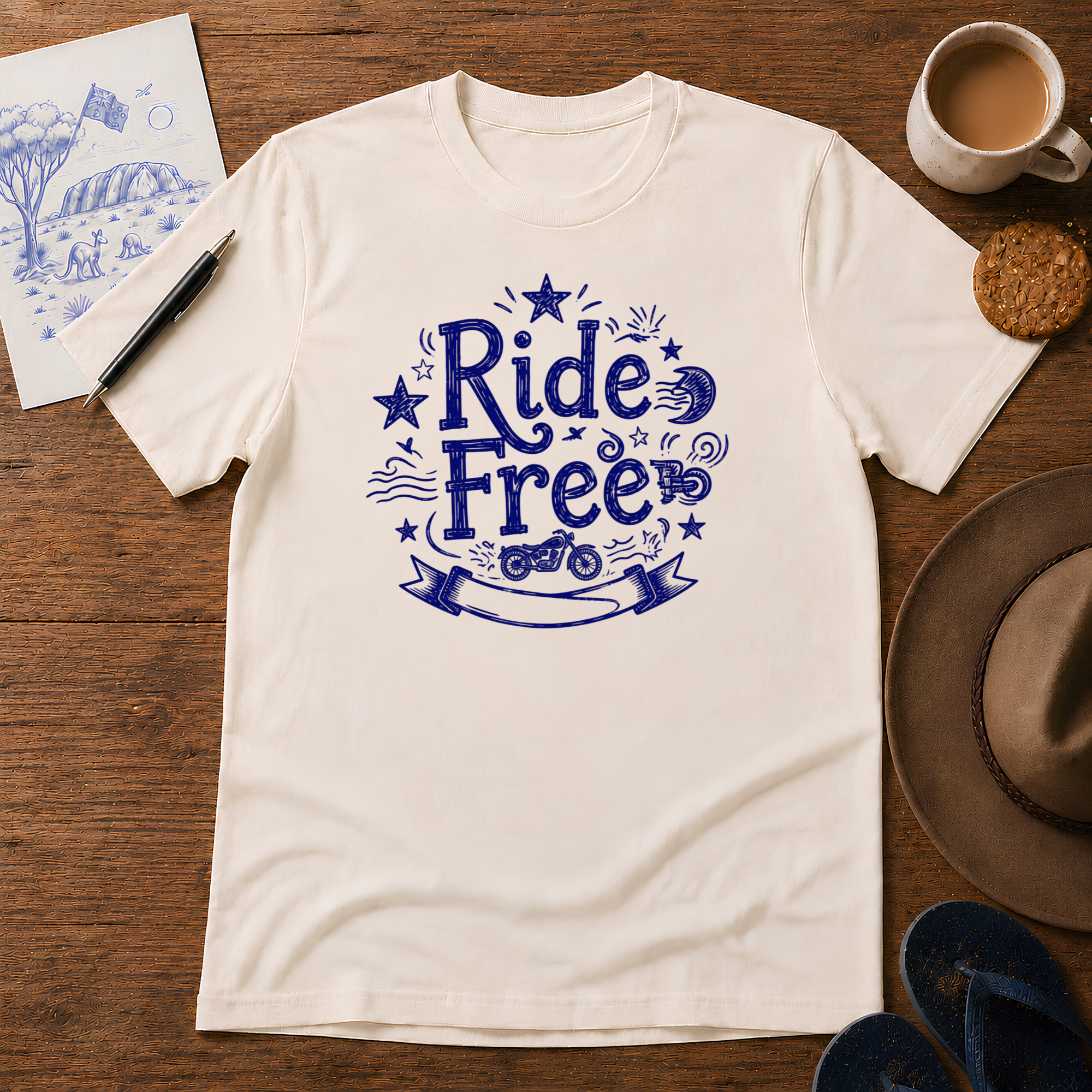 Ride Free Tee ink-sketch T-shirt, in Natural