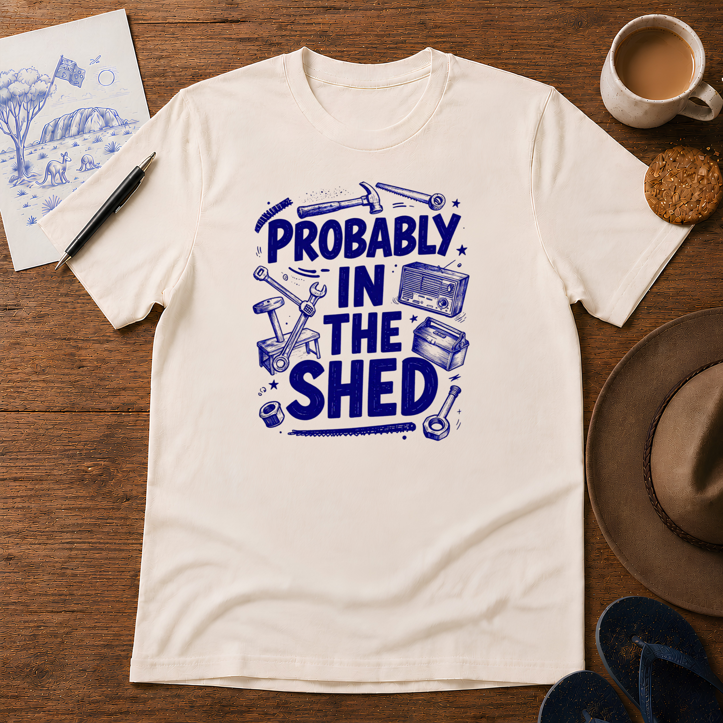 Probably in the Shed Tee ink-sketch T-shirt, in Natural