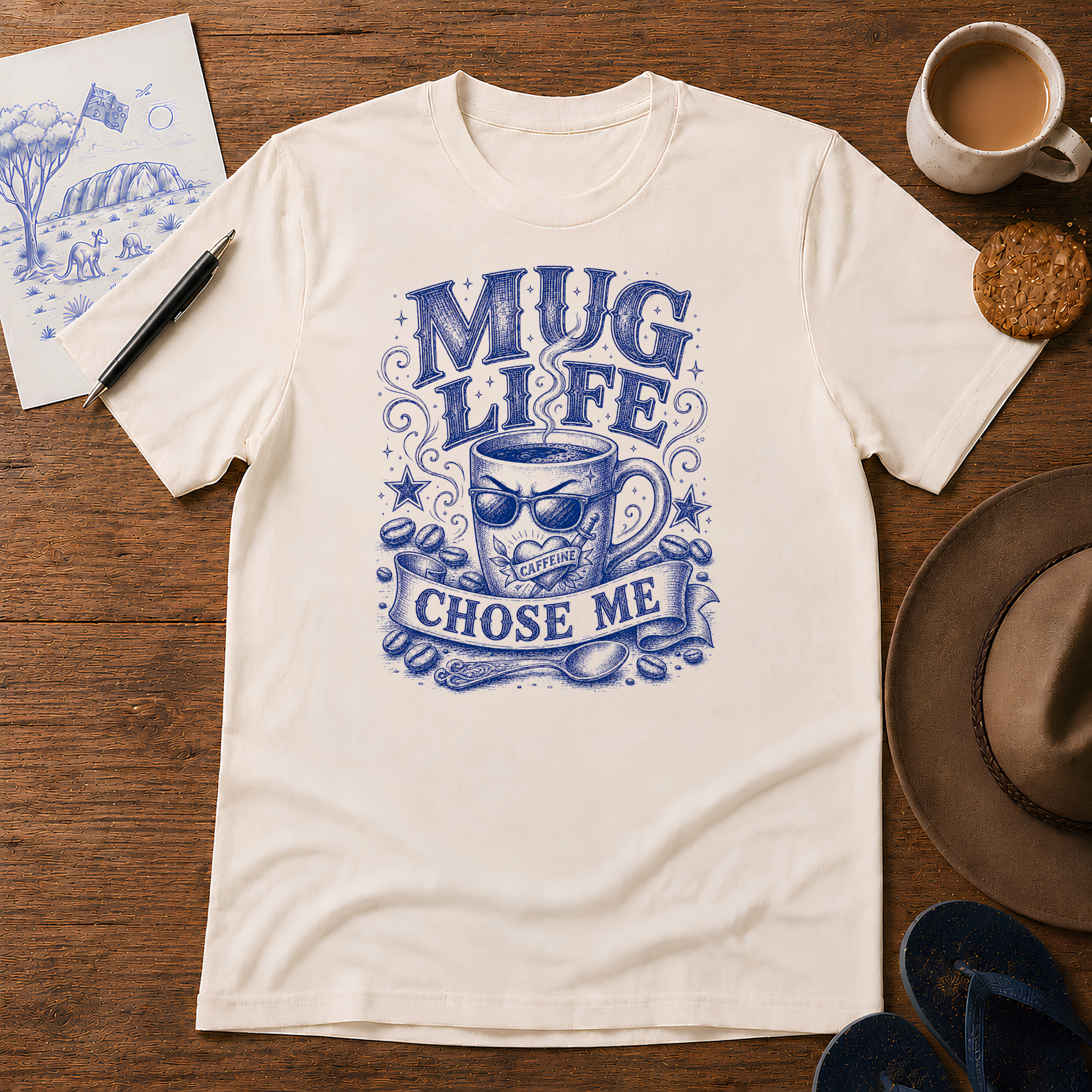 Mug Life Tee ink-sketch T-shirt, in Natural