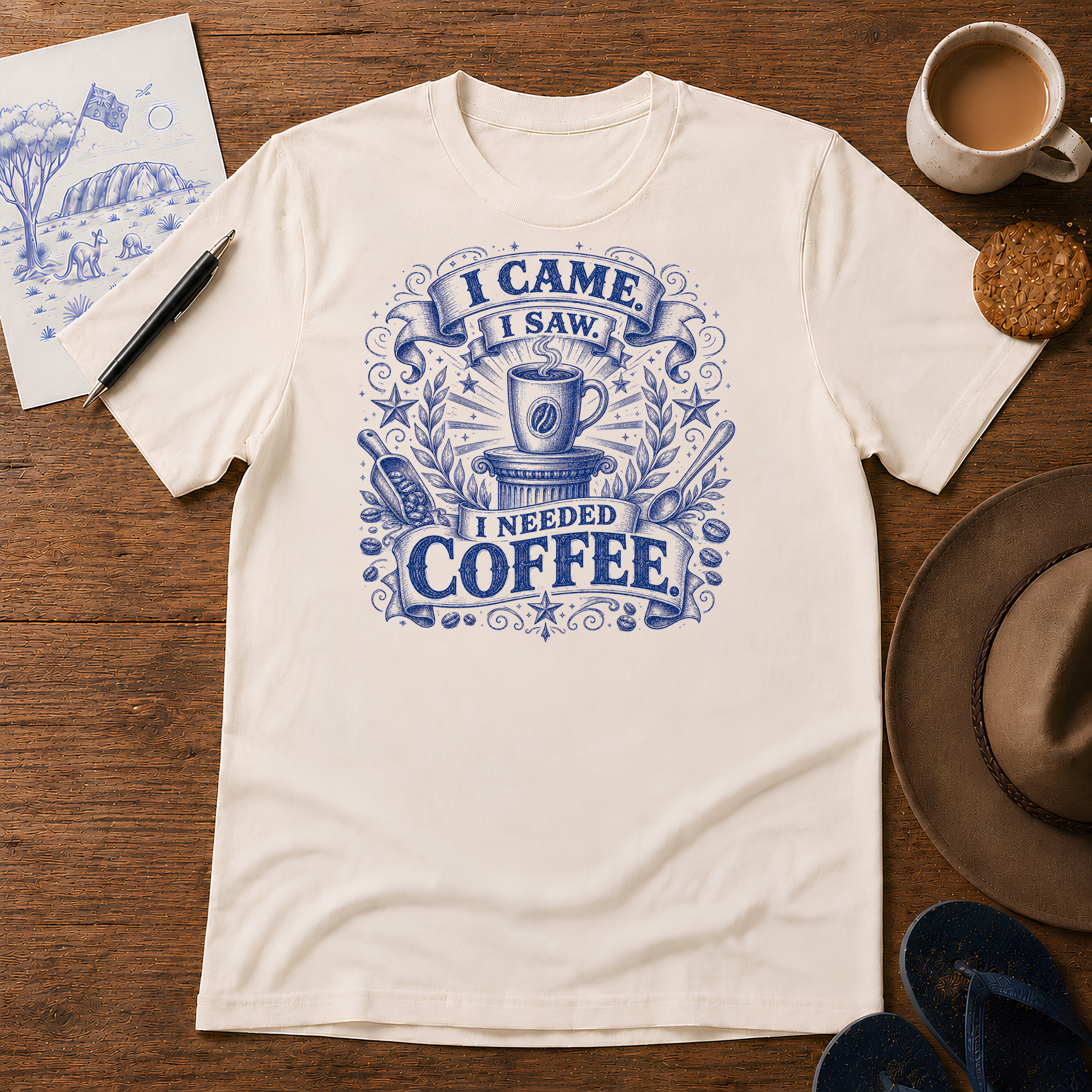 I Came, I Saw, I Needed Coffee Tee ink-sketch T-shirt, in Natural