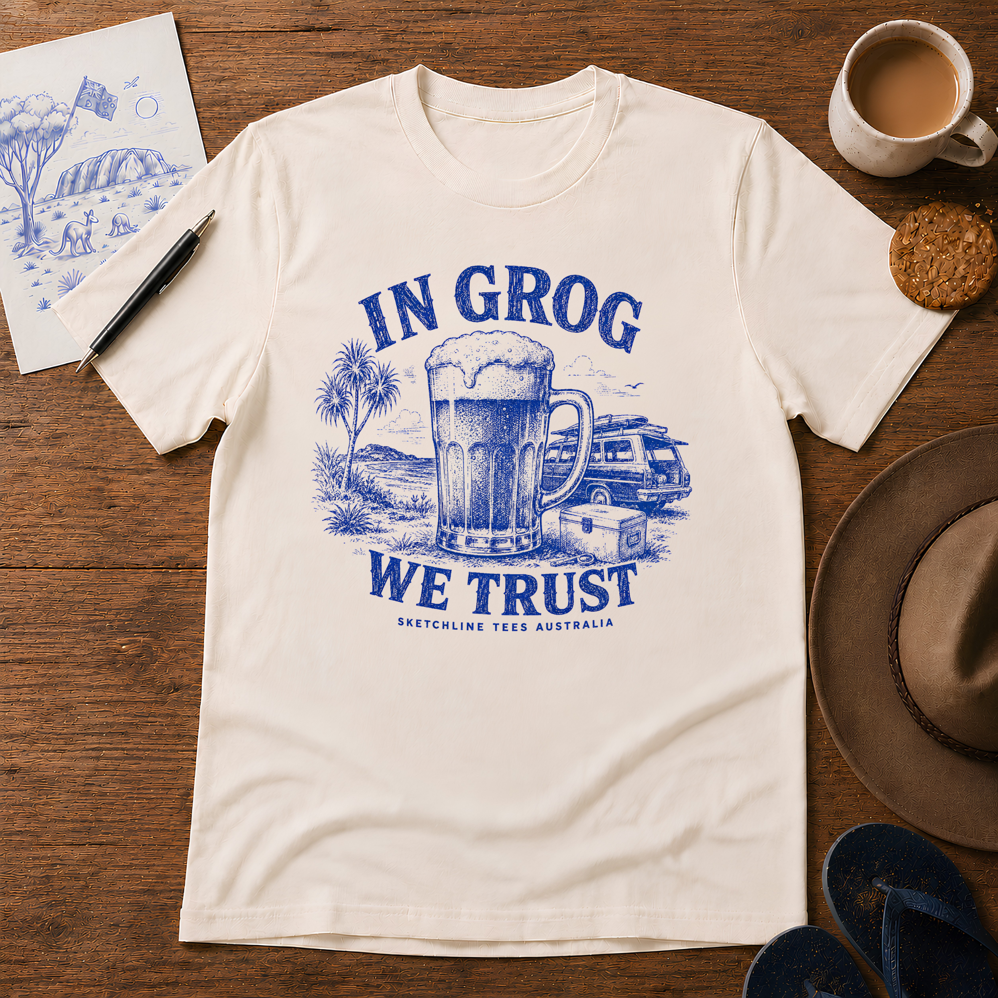 In Grog We Trust ink-sketch T-shirt, in Natural