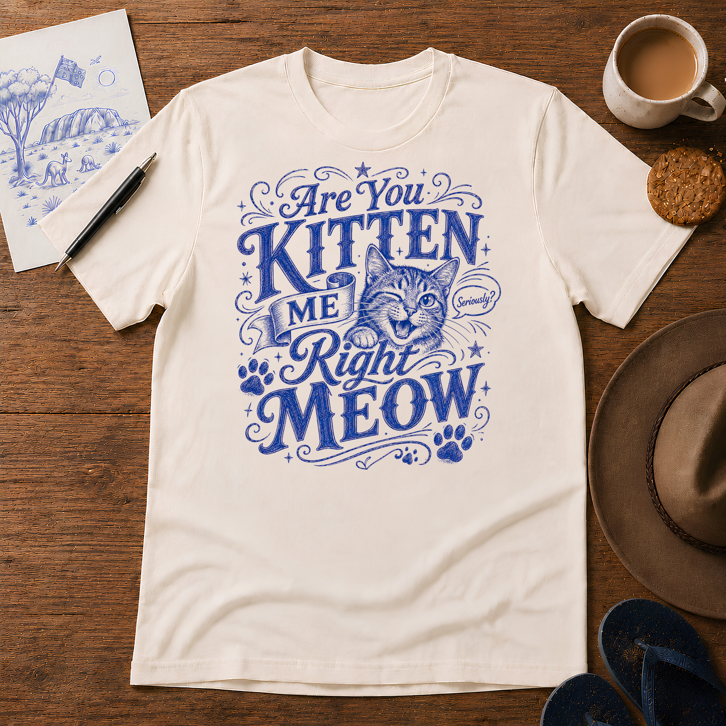 Are You Kitten Me Right Meow Tee ink-sketch T-shirt, in Natural