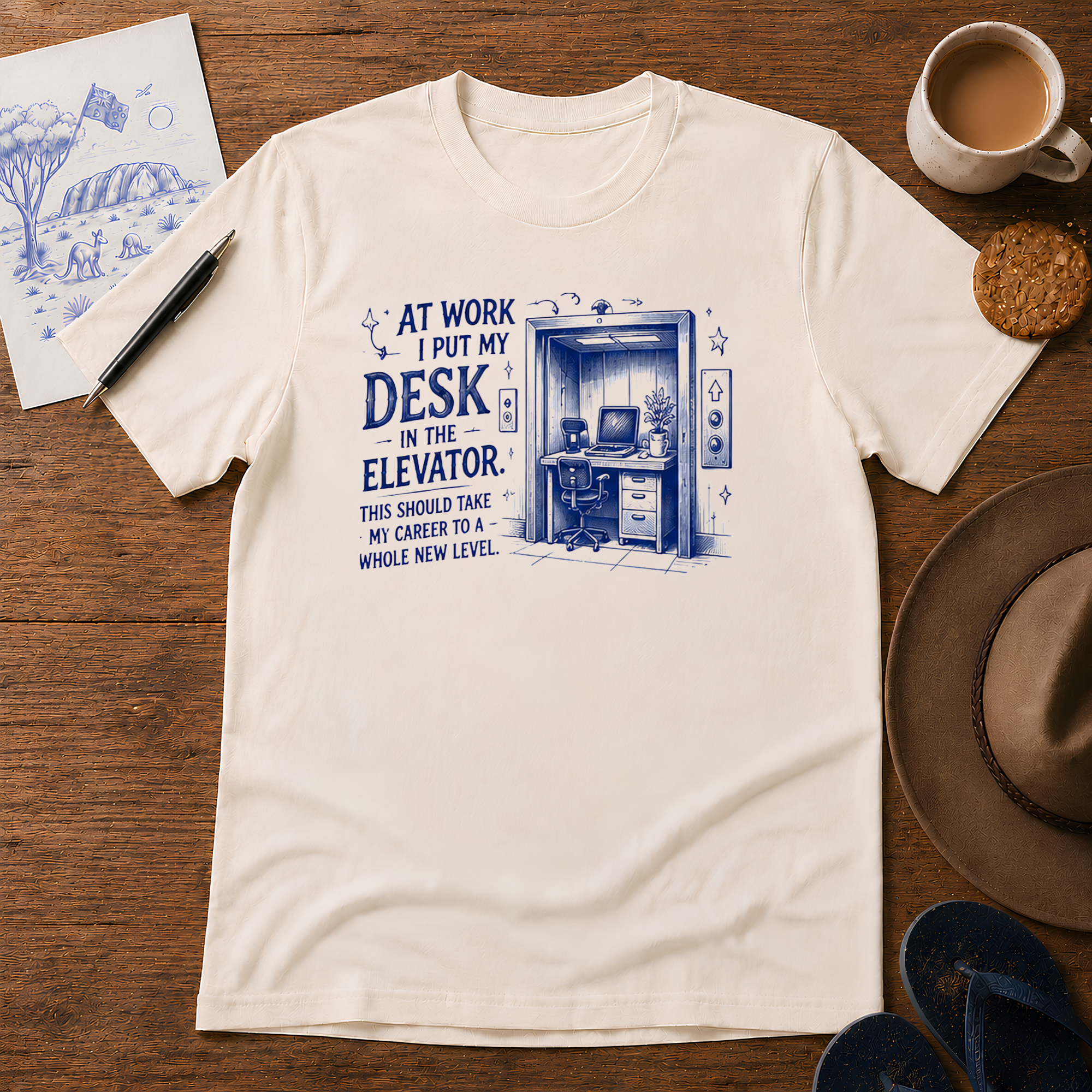 Desk in the Elevator Tee ink-sketch T-shirt, in Natural